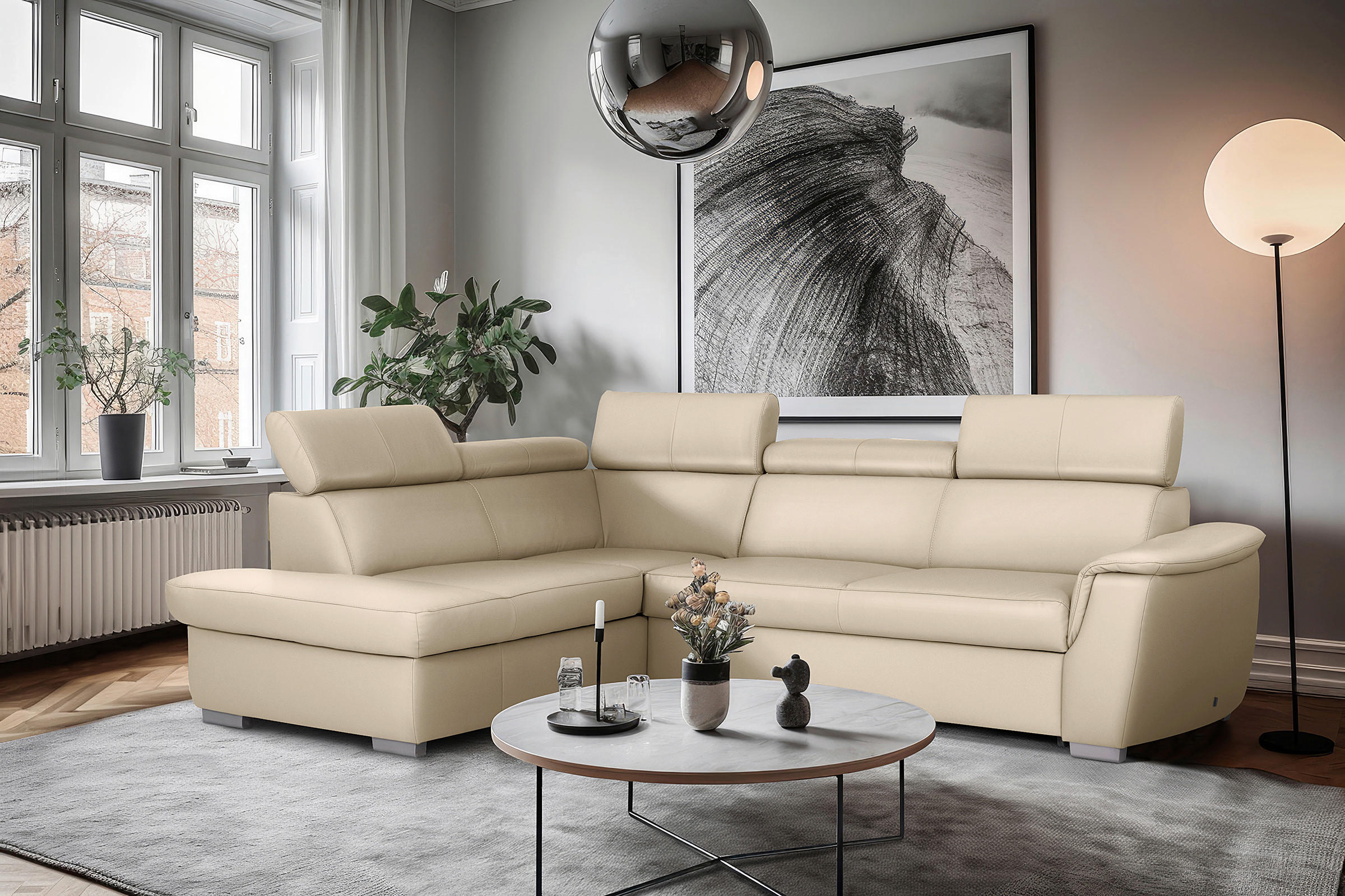 WOHNLANDSCHAFT  in Kombination Echtleder/Lederlook Grau  - Grau, Leder/Metall (211/262cm) - Celina Home