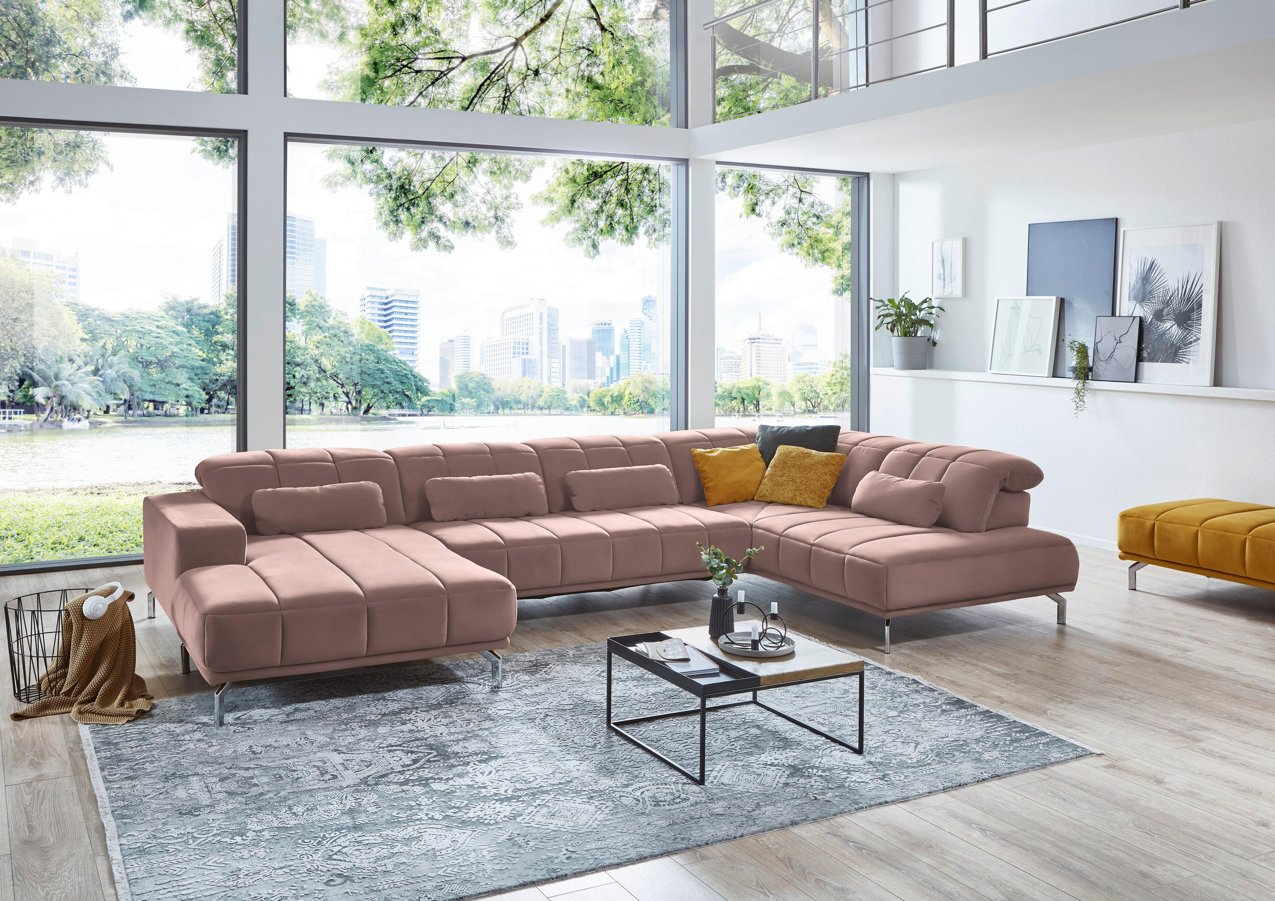 WOHNLANDSCHAFT Rosa Velours  - Schwarz/Rosa, Design, Textil/Metall (195/383/219cm) - Beldomo Style