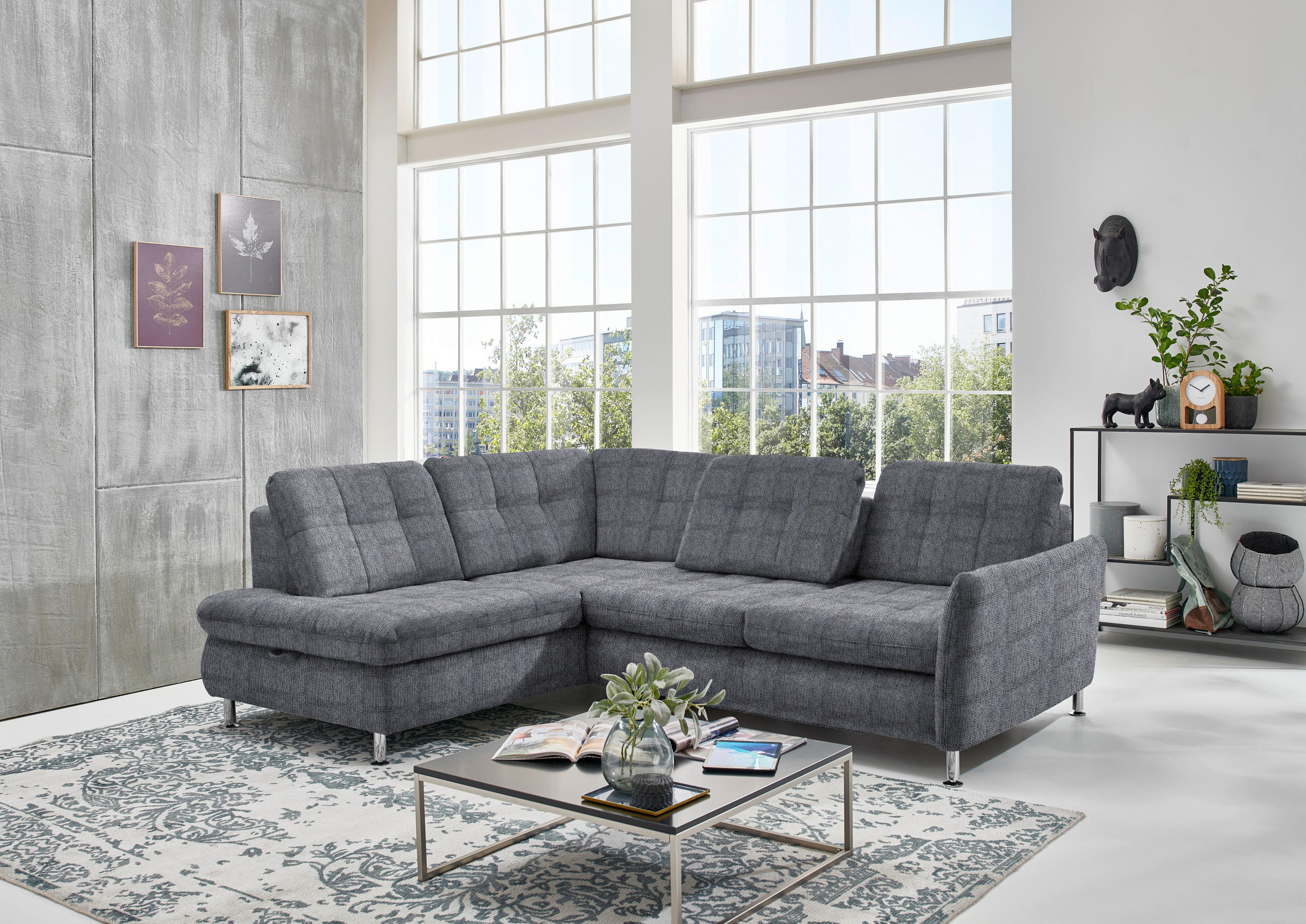 ECKSOFA Anthrazit Webstoff  - Chromfarben/Anthrazit, KONVENTIONELL, Textil/Metall (210/242cm) - Beldomo Style