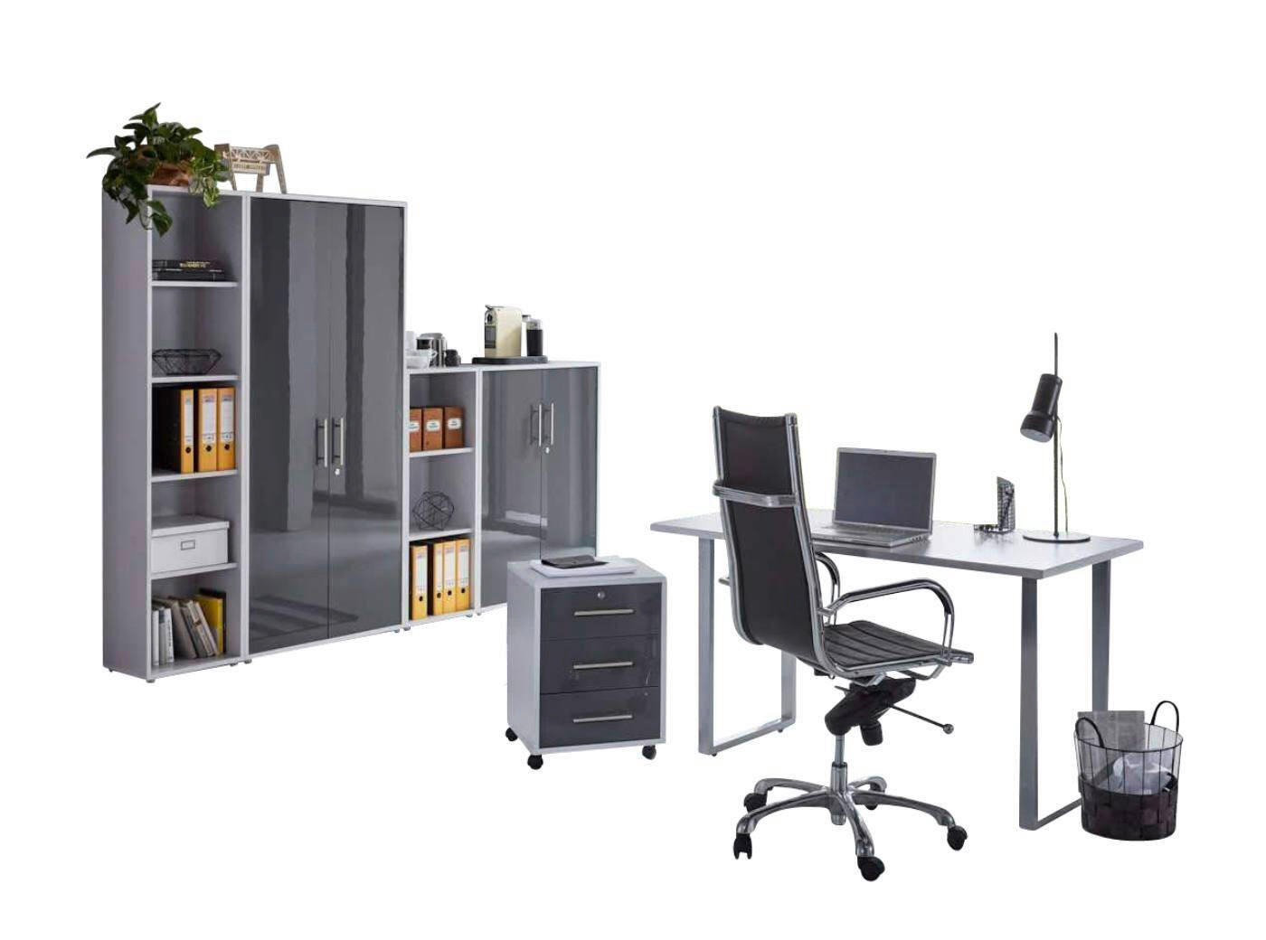 BÜRO erweiterbar, abschließbar Grau, Anthrazit Hochglanz - Anthrazit Hochglanz/Grau, MODERN, Holzwerkstoff/Metall - MID.YOU