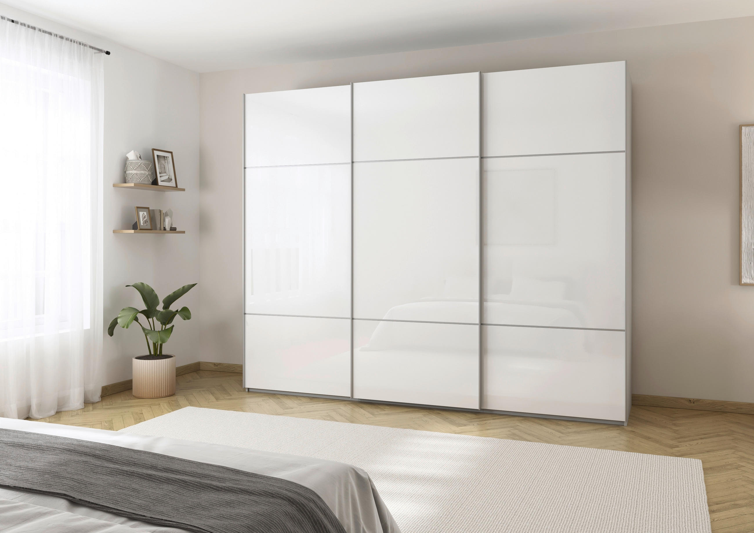 SCHWEBETÜRENSCHRANK in Grau, Weiss  - Weiss/Alufarben, Konventionell, Glas/Holzwerkstoff (271/223/68cm) - Novel
