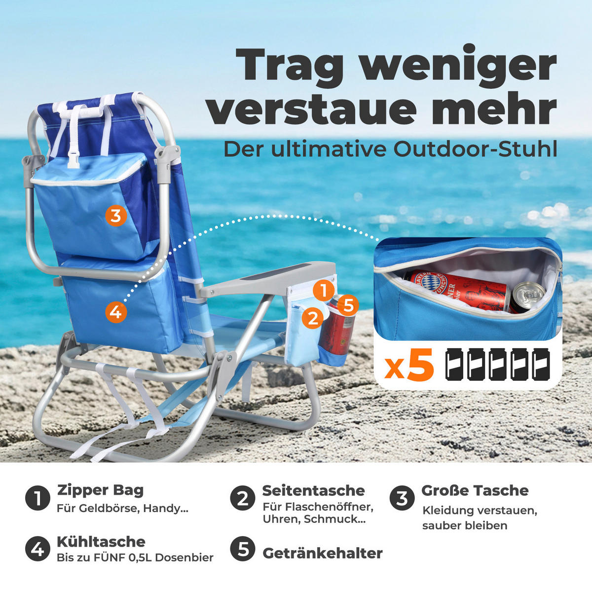 STRANDSTUHL Aluminium Blau, Hellblau  - Blau/Hellblau, Basics, Textil/Metall (57/80/61cm) - Modante