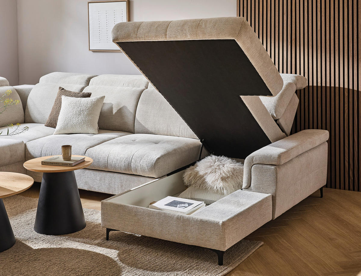 WOHNLANDSCHAFT in Struktur Beige  - Beige/Schwarz, Design, Textil/Metall (270/364/190cm) - Stylife
