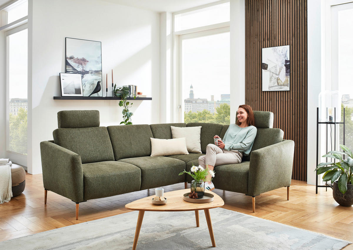 ECKSOFA in Flachgewebe Olivgrün  238/186 cm  - Eichefarben/Olivgrün, Design, Holz/Textil (238/186cm) - Valnatura