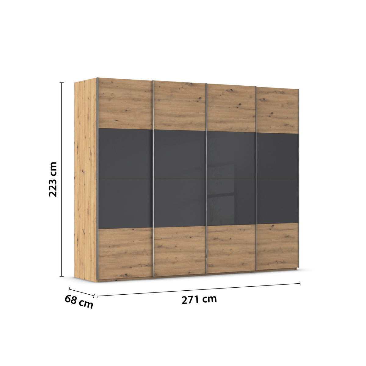 SCHWEBETÜRENSCHRANK 271/223/68 cm 4-türig Schwarz, Eiche Artisan  - Chromfarben/Schwarz, KONVENTIONELL, Glas/Holzwerkstoff (271/223/68cm) - Novel