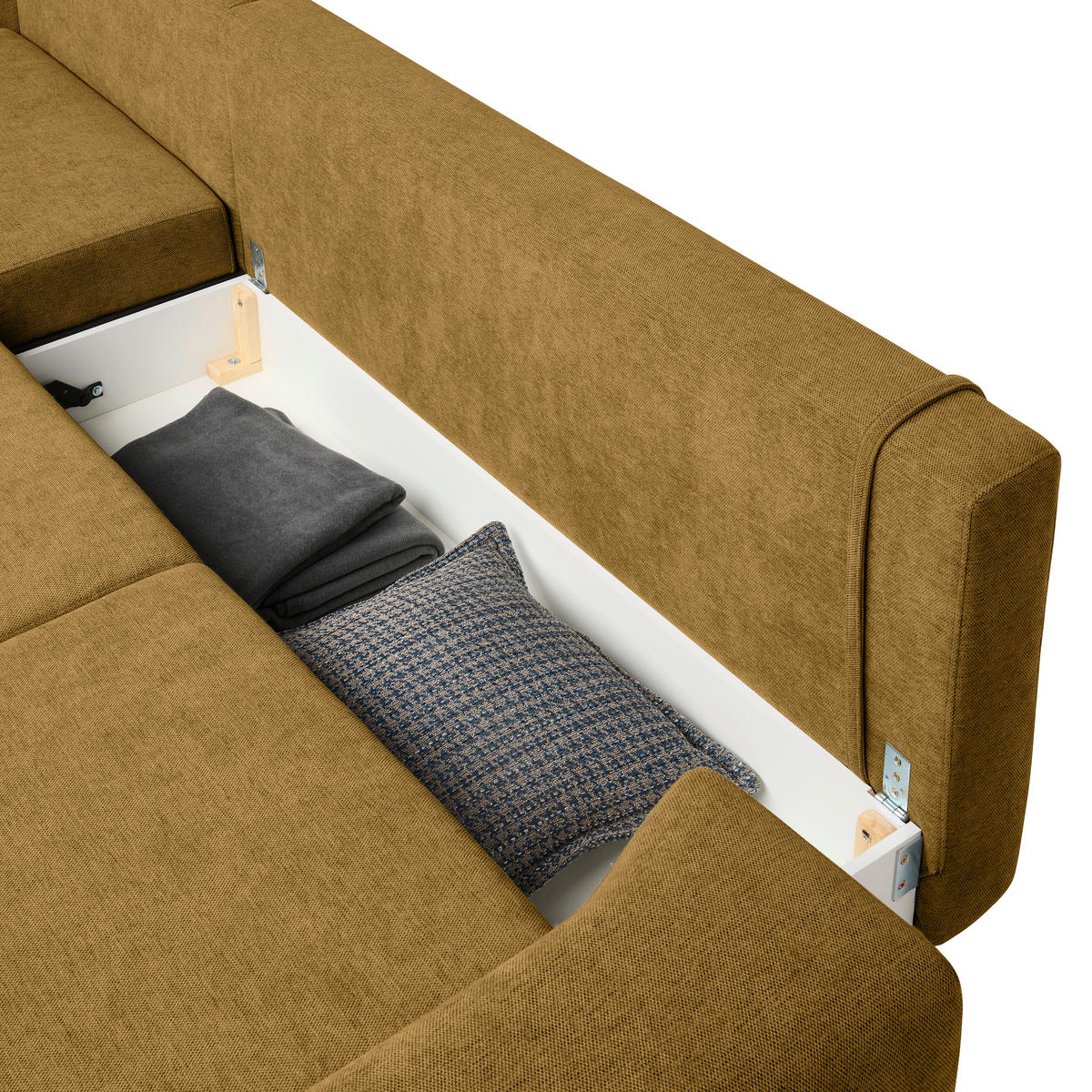 ECKSOFA inkl. Funktionen Senfgelb Webstoff Rückenkissen, Bettkasten, Schlaffunktion, Rücken echt  - Wengefarben/Senfgelb, Design, Holz/Textil (211/314cm) - Stylife