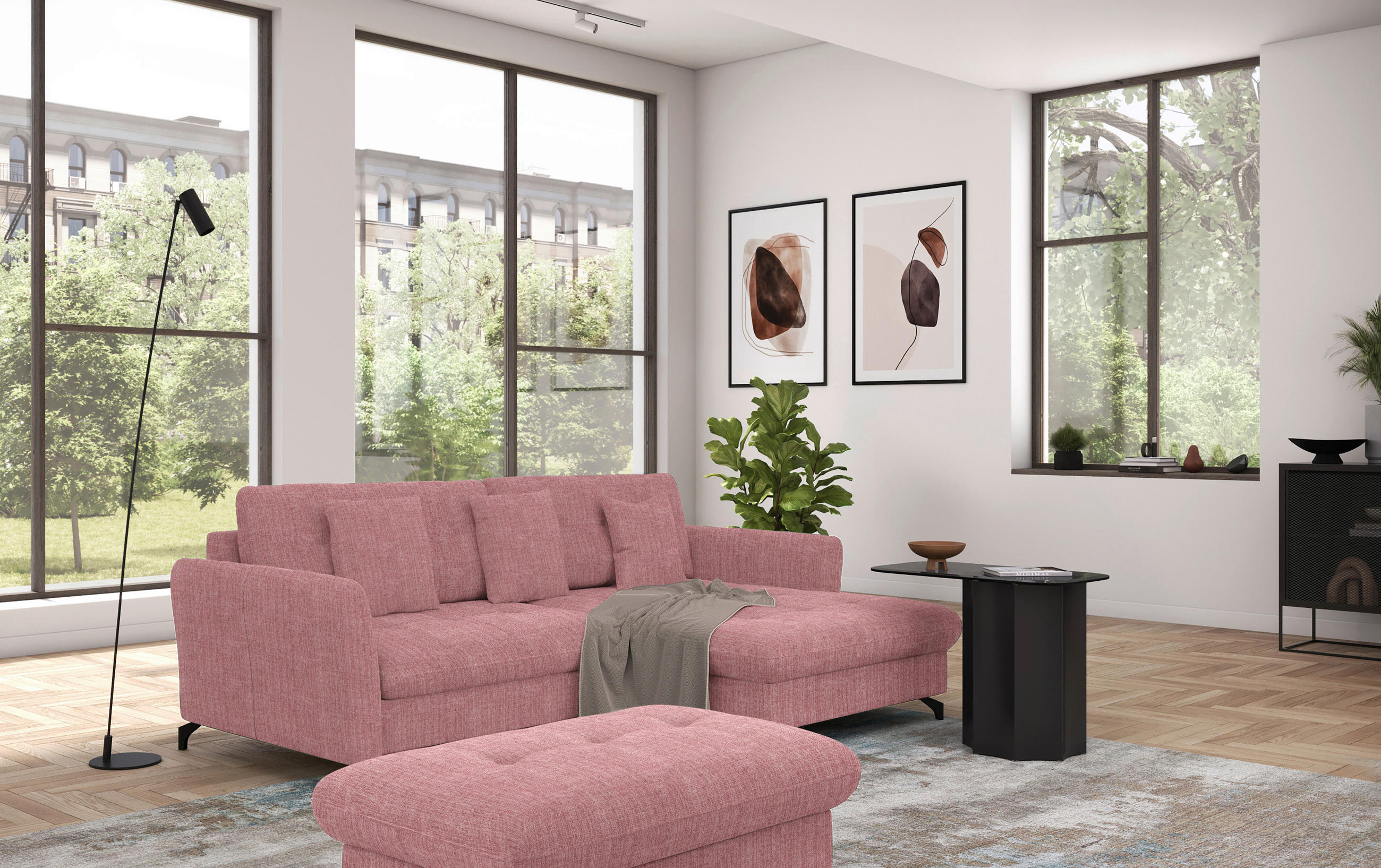 ECKSOFA in Flachgewebe, Leinenoptik Rosa - Schwarz/Rosa, Design, Textil/Metall (242/170cm) - Xora