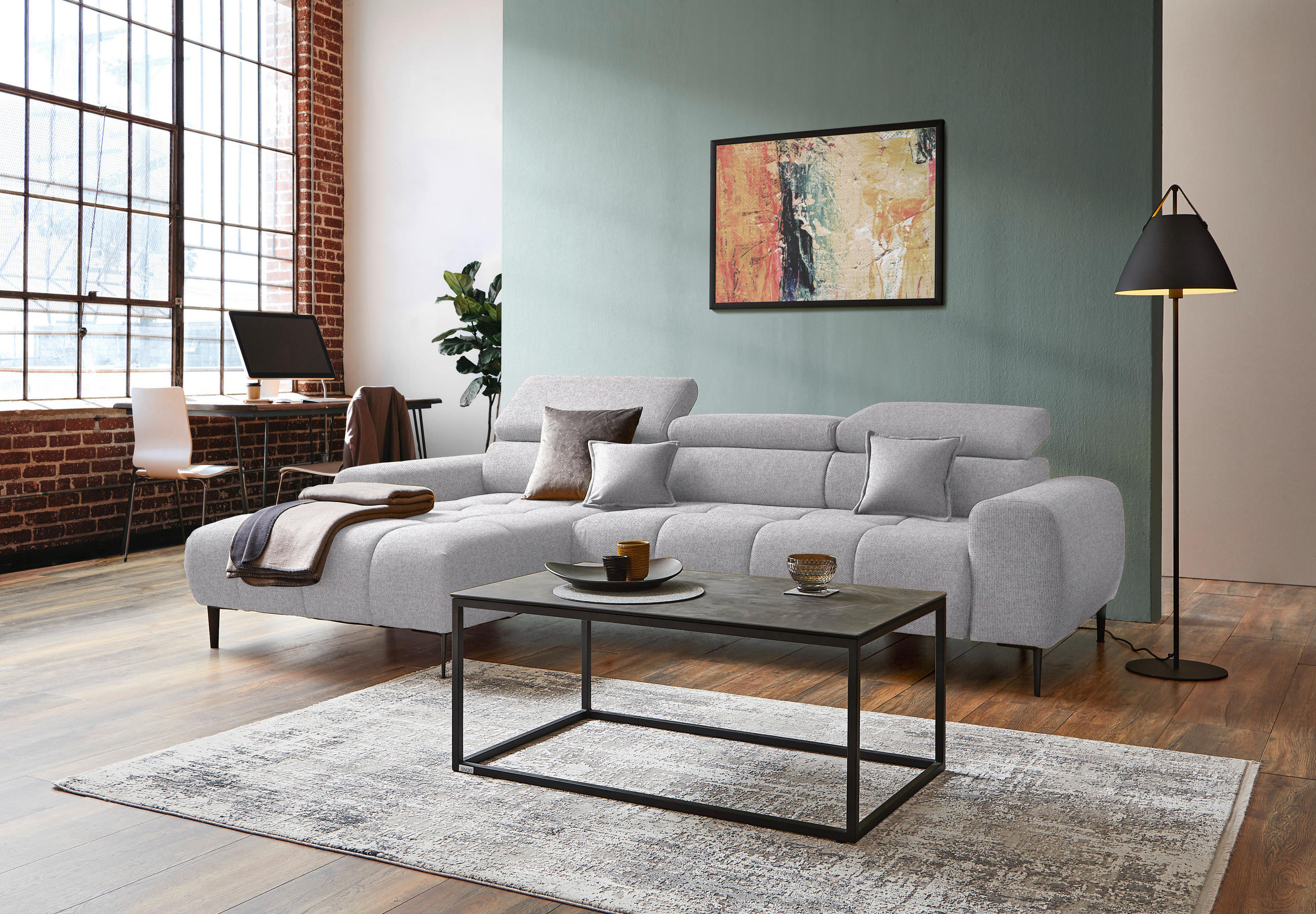 ECKSOFA in Webstoff Hellgrau  - Hellgrau/Schwarz, Design, Textil/Metall (177/270cm) - Welnova