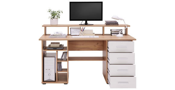 COMPUTERTISCH Eichefarben, Weiß - Eichefarben/Silberfarben, KONVENTIONELL, Kunststoff (150/93/73cm) - Cantus