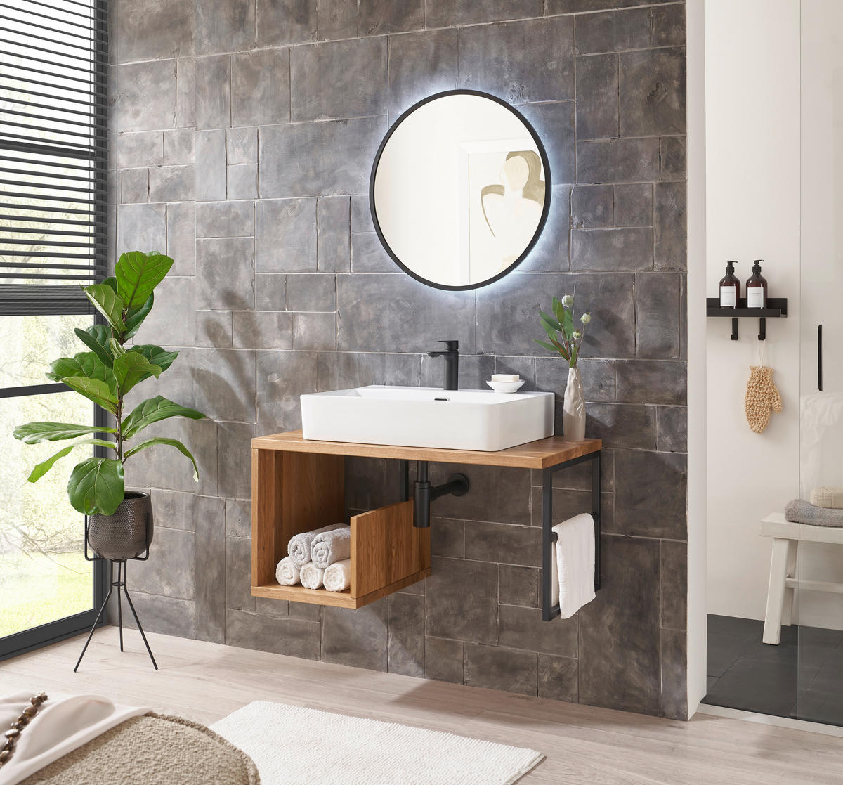 WASCHBECKENUNTERSCHRANK 90/45/47 cm  - Eichefarben/Schwarz, Natur, Holz/Metall (90/45/47cm) - Linea Natura