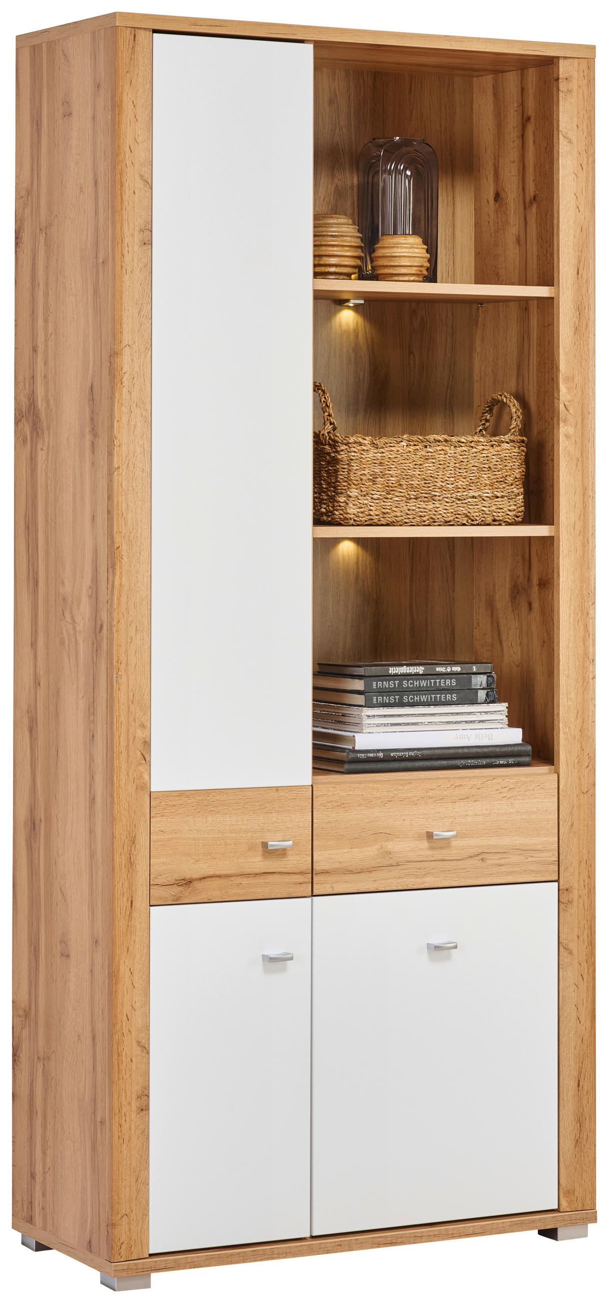 VITRINE  in Weiß, Eichefarben  - Chromfarben/Eichefarben, KONVENTIONELL, Holzwerkstoff/Kunststoff (86/193/38cm) - Ti'me