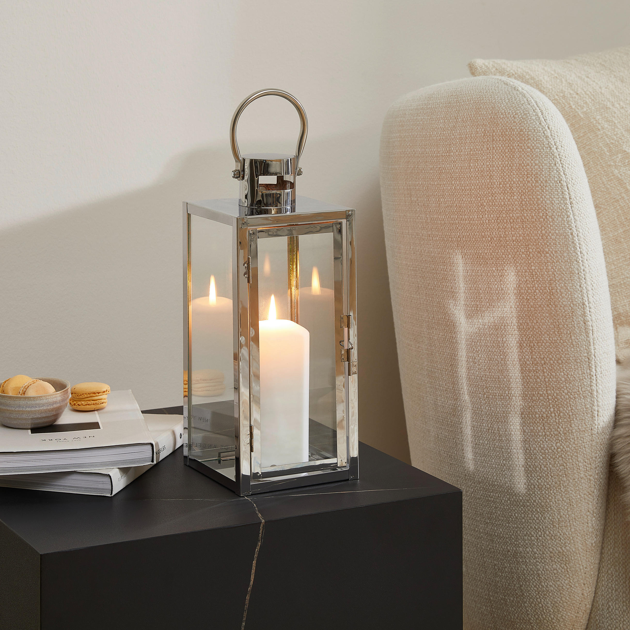 Thumbnail - Ambia Home Laterne, Silber, Chrom, Metall, Glas, Uni, quadratisch, 17x40x17 cm, Glaseinsatz, Dekoration, Windlichter & L...