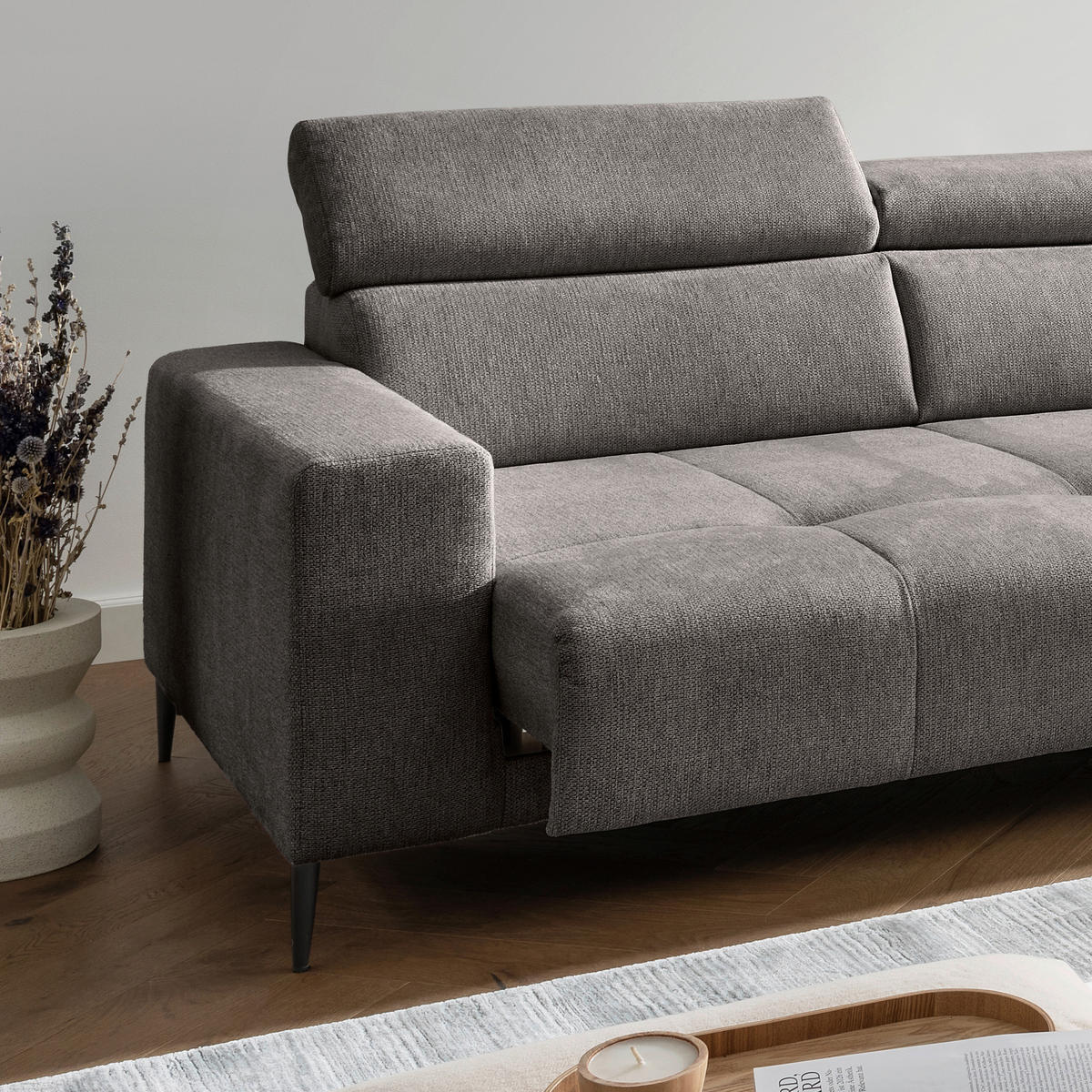ECKSOFA INTERA Graubraun Chenille Kopfteilverstellung, Sitzvorzug  - Graubraun/Schwarz, KONVENTIONELL, Textil/Metall (305/225cm) - Livetastic