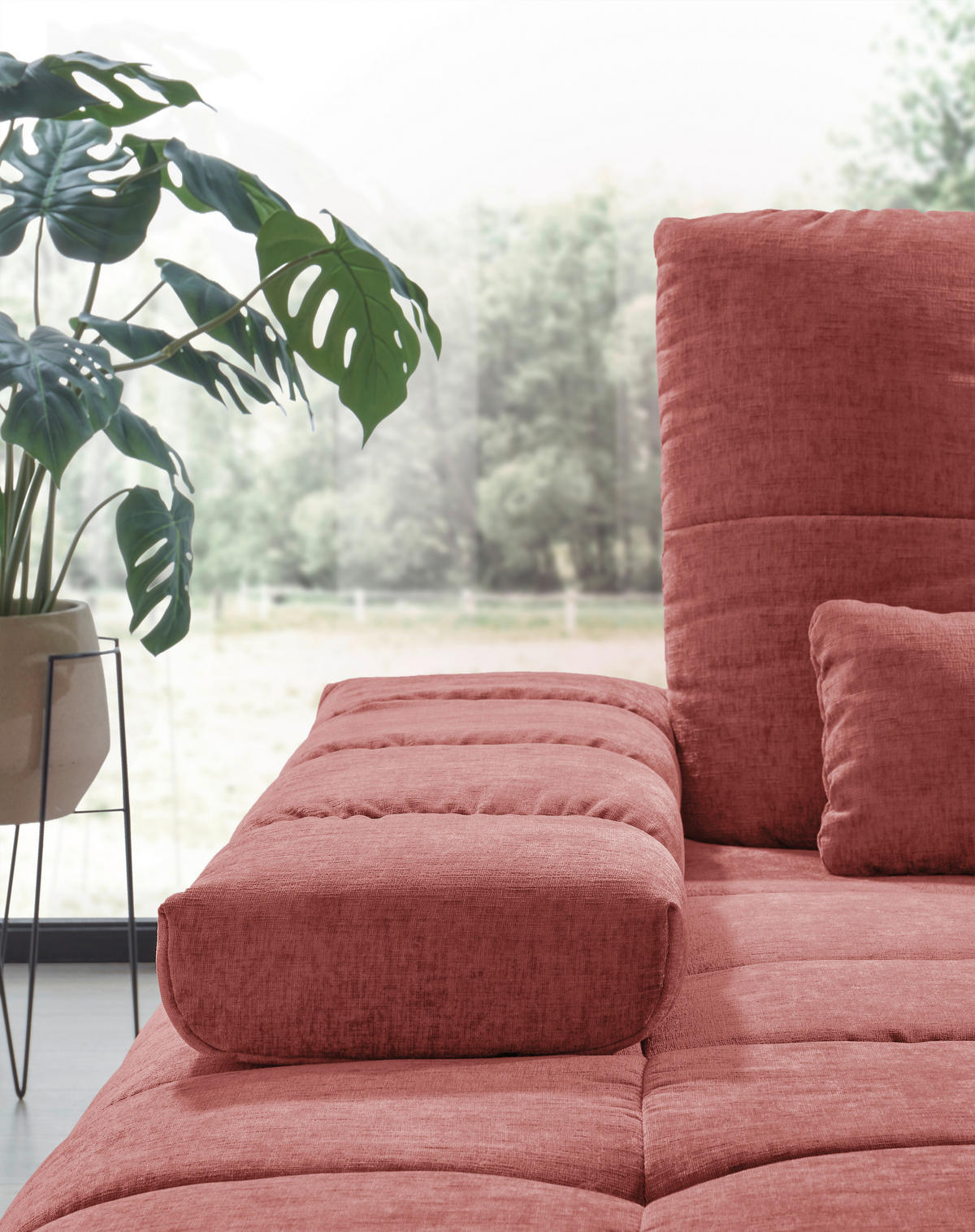 ECKSOFA Weinrot Flachgewebe Rücken echt, Sitztiefenverstellung  - Weinrot/Schwarz, KONVENTIONELL, Textil/Metall (211/273cm) - SetOne by Musterring