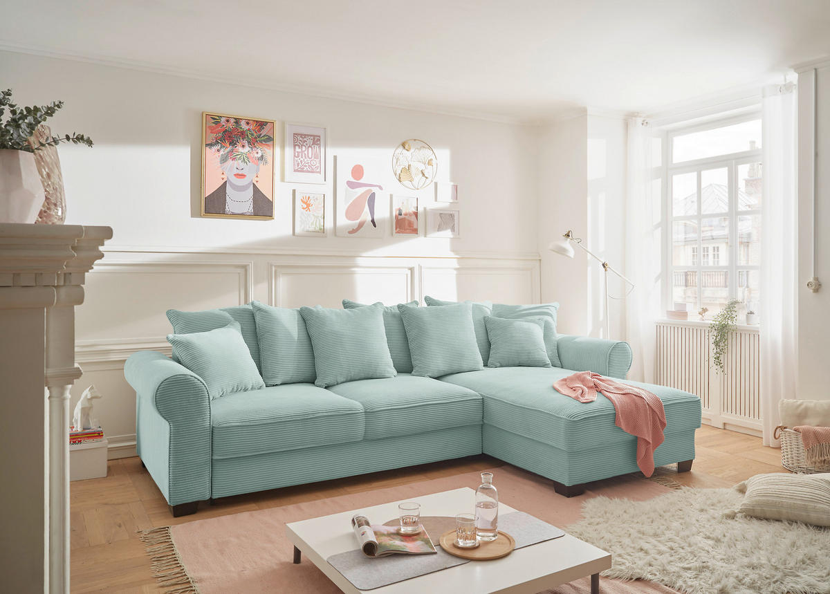 ECKSOFA Salbeigrün Cord  - Salbeigrün/Schwarz, KONVENTIONELL, Kunststoff/Textil (318/197cm) - Hom`in