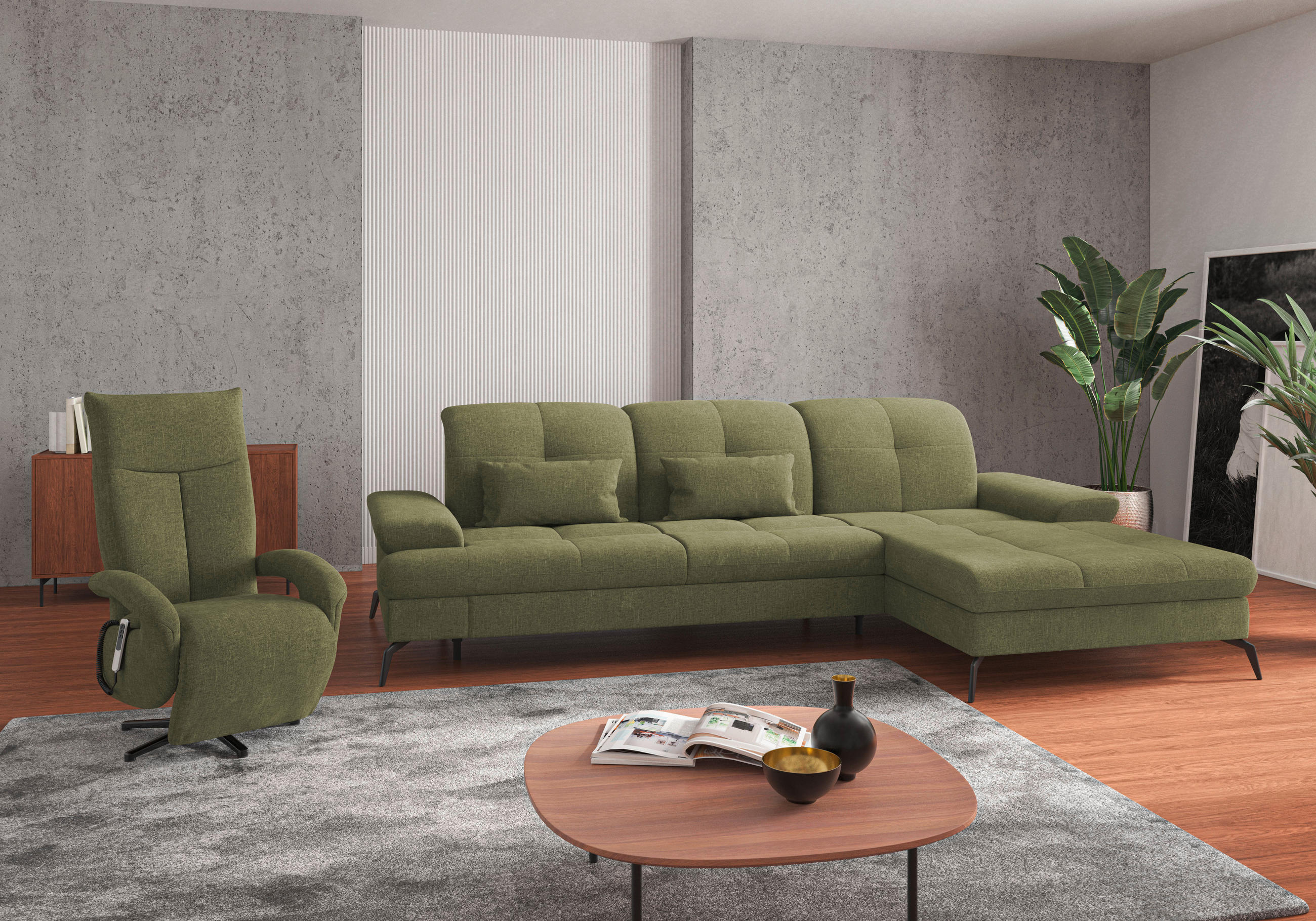 ECKSOFA Hellgrün Flachgewebe  - Schwarz/Hellgrün, KONVENTIONELL, Textil/Metall (279/185cm) - Sit & More