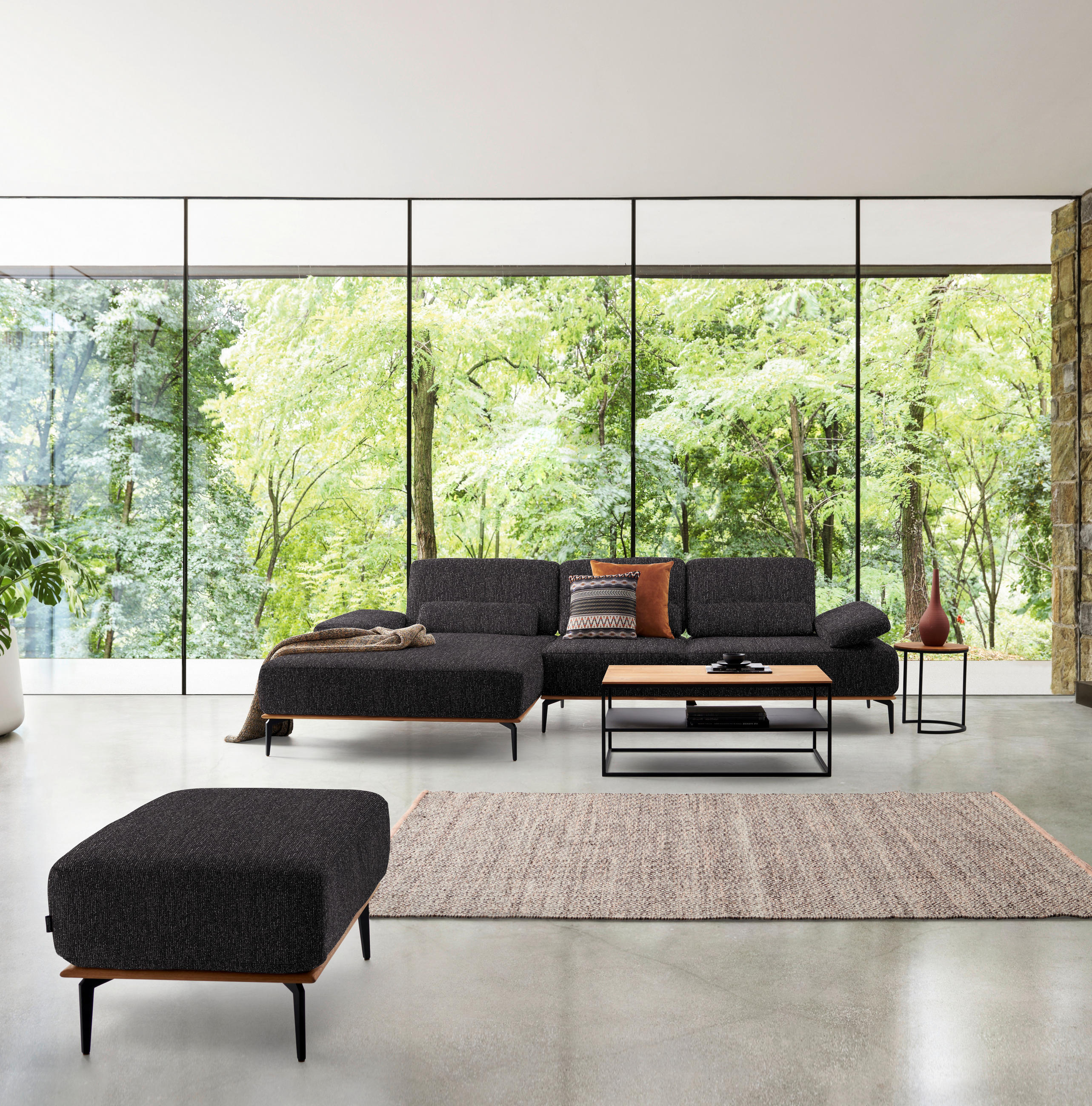 ECKSOFA in Flachgewebe Anthrazit  - Anthrazit/Schwarz, Natur, Holz/Textil (176/314cm) - Valnatura