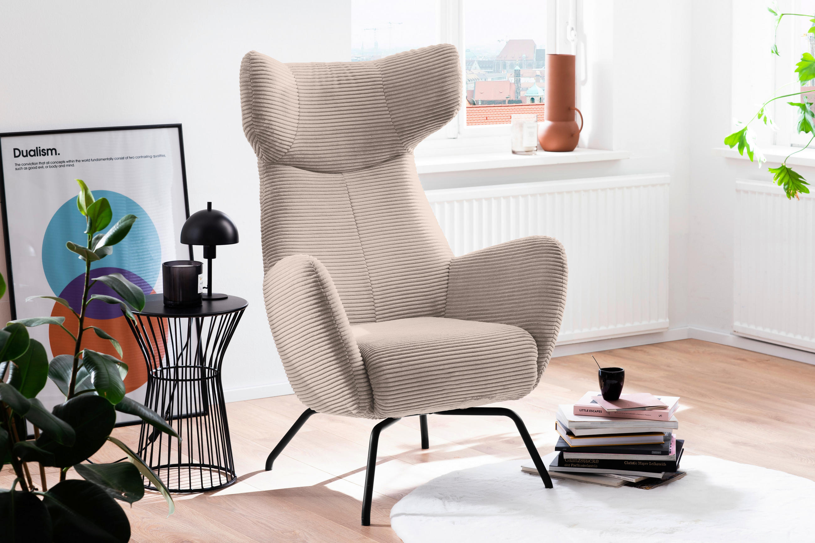 OHRENSESSEL in Cord Taupe  - Taupe/Schwarz, Design, Textil/Metall (79/117/82cm) - Lomoco