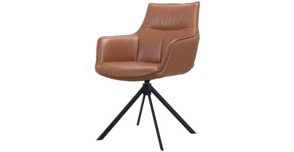 ARMLEHNSTUHL in Eisen Echtleder pigmentiert - Cognac/Schwarz, Design, Leder/Metall (60/89/63,5cm) - Novel