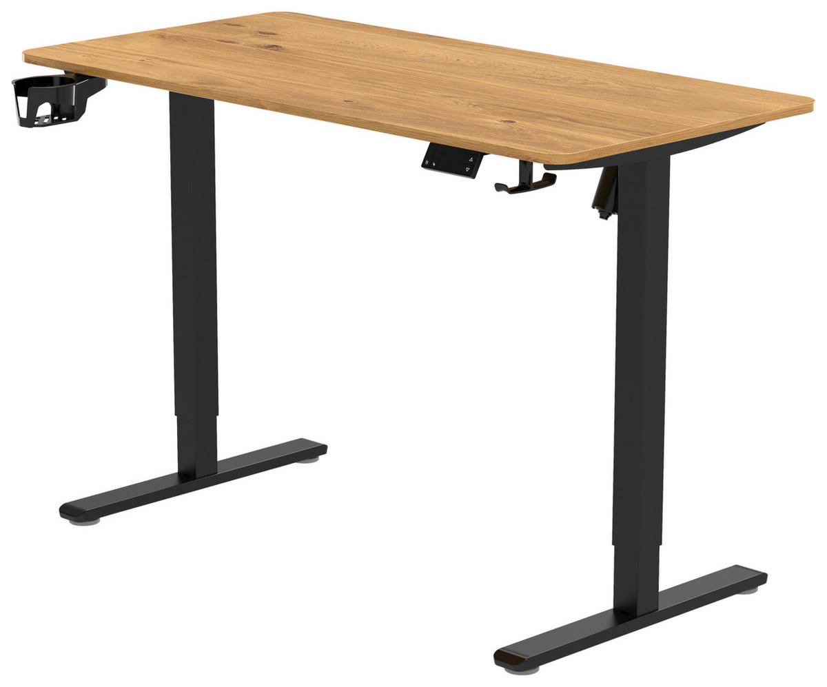 SCHREIBTISCH 120/60/70-115 cm Schwarz, Plankeneiche höhenverstellbar, Memoryschalter, Getränkehalter, Headsethalter elektrisch höhenverstellbar  - Plankeneiche/Schwarz, Modern, Holzwerkstoff/Kunststoff (120/60/70-115cm) - Livetastic