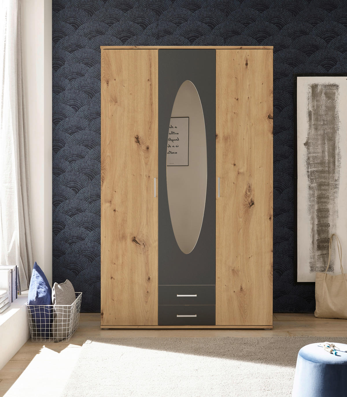 DREHTÜRENSCHRANK 120/195/55 cm,  in Graphitfarben, Eiche Artisan, 3-türig  - Graphitfarben/Alufarben, Basics, Glas/Holzwerkstoff (120/195/55cm) - P & B