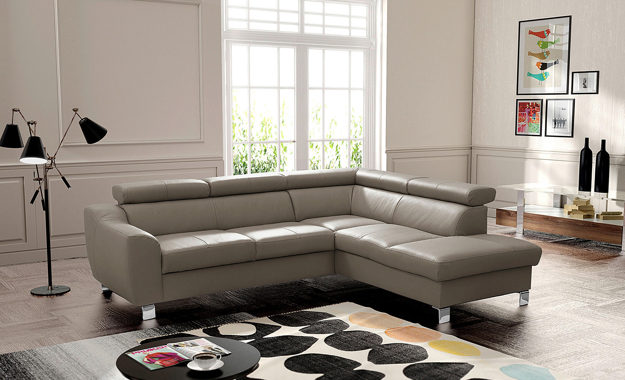 ECKSOFA in Lederlook Echtleder Taupe  - Taupe/Chromfarben, Design, Leder/Textil (245/208cm) - Livetastic