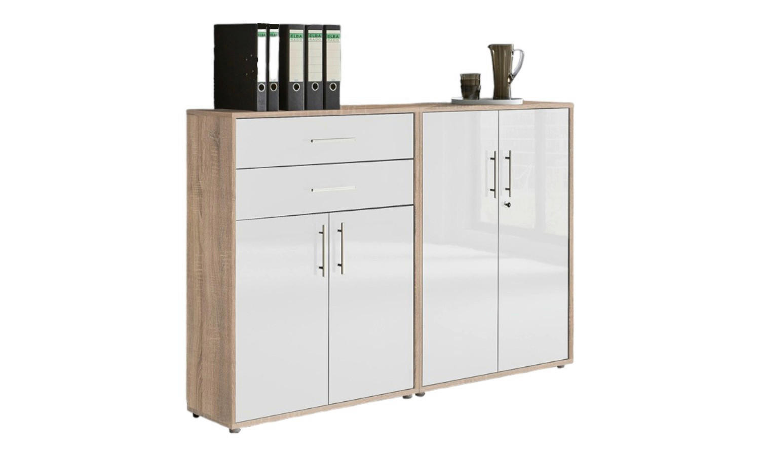 AKTENSCHRANK Sonoma Eiche, Weiß Hochglanz  - Weiß Hochglanz/Sonoma Eiche, MODERN, Holzwerkstoff (168,8/113,6/33cm) - MID.YOU
