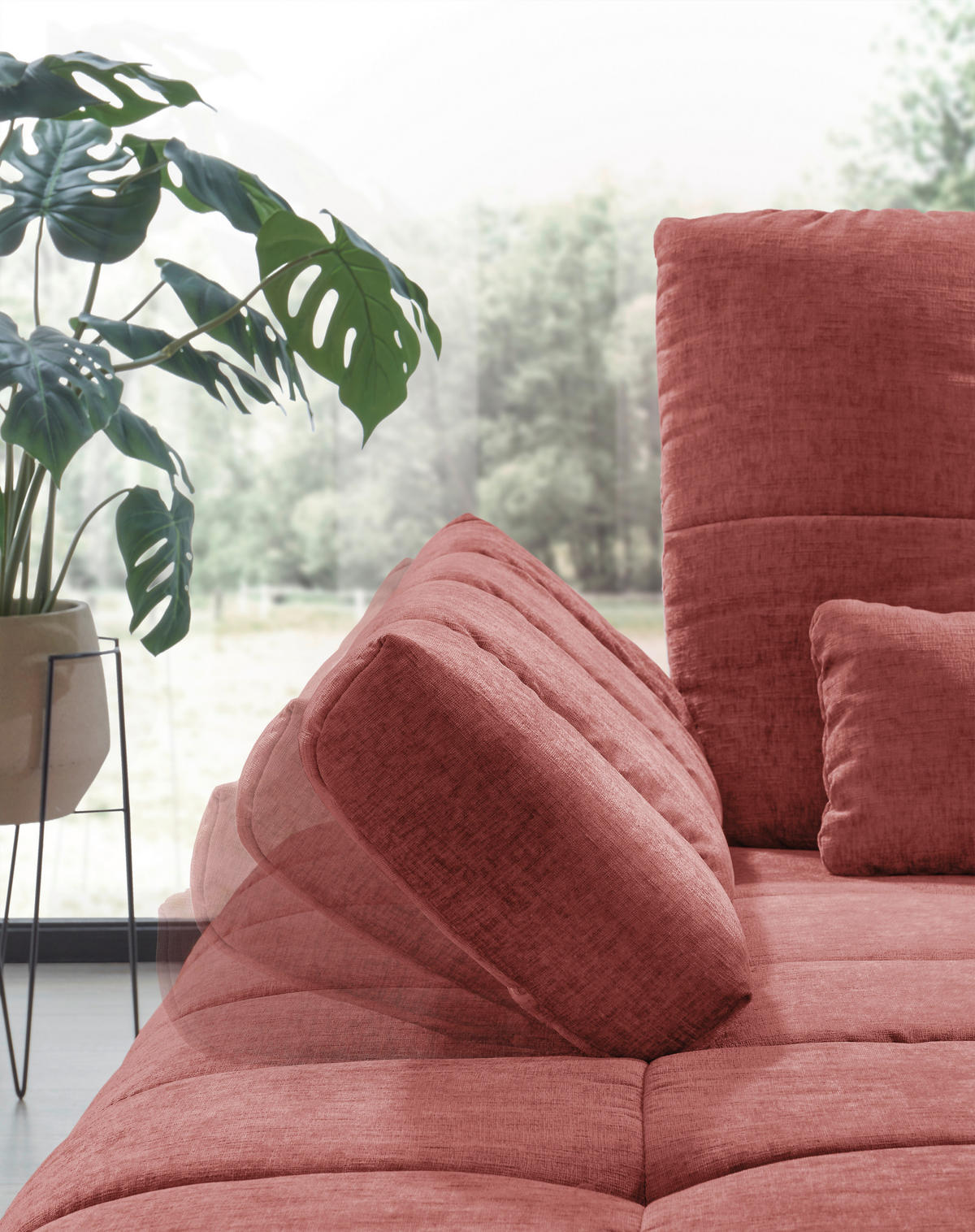 ECKSOFA Weinrot Flachgewebe Rücken echt, Sitztiefenverstellung  - Weinrot/Schwarz, KONVENTIONELL, Textil/Metall (211/273cm) - SetOne by Musterring