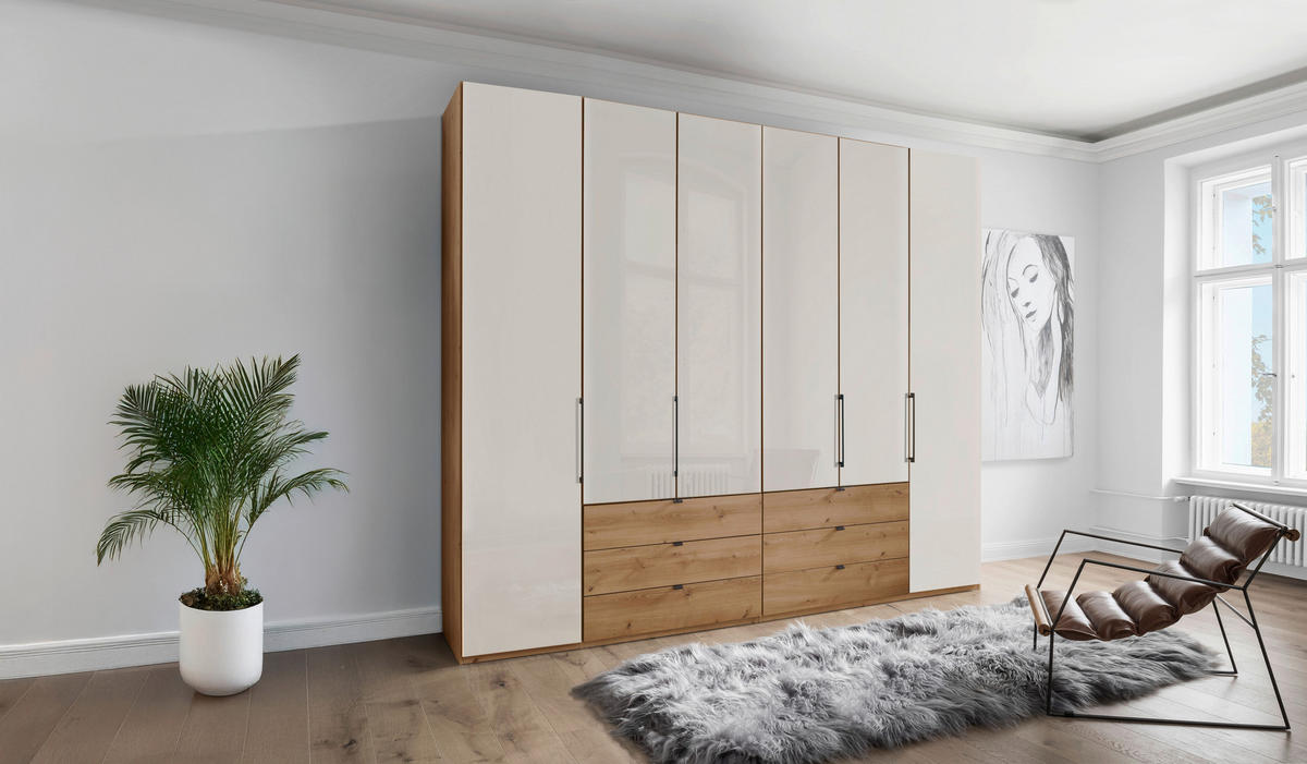 DREHTÜRENSCHRANK in Champagner, Eiche Bianco  - Schieferfarben/Eiche Bianco, Konventionell, Glas/Holzwerkstoff (250/216/58cm) - Dieter Knoll