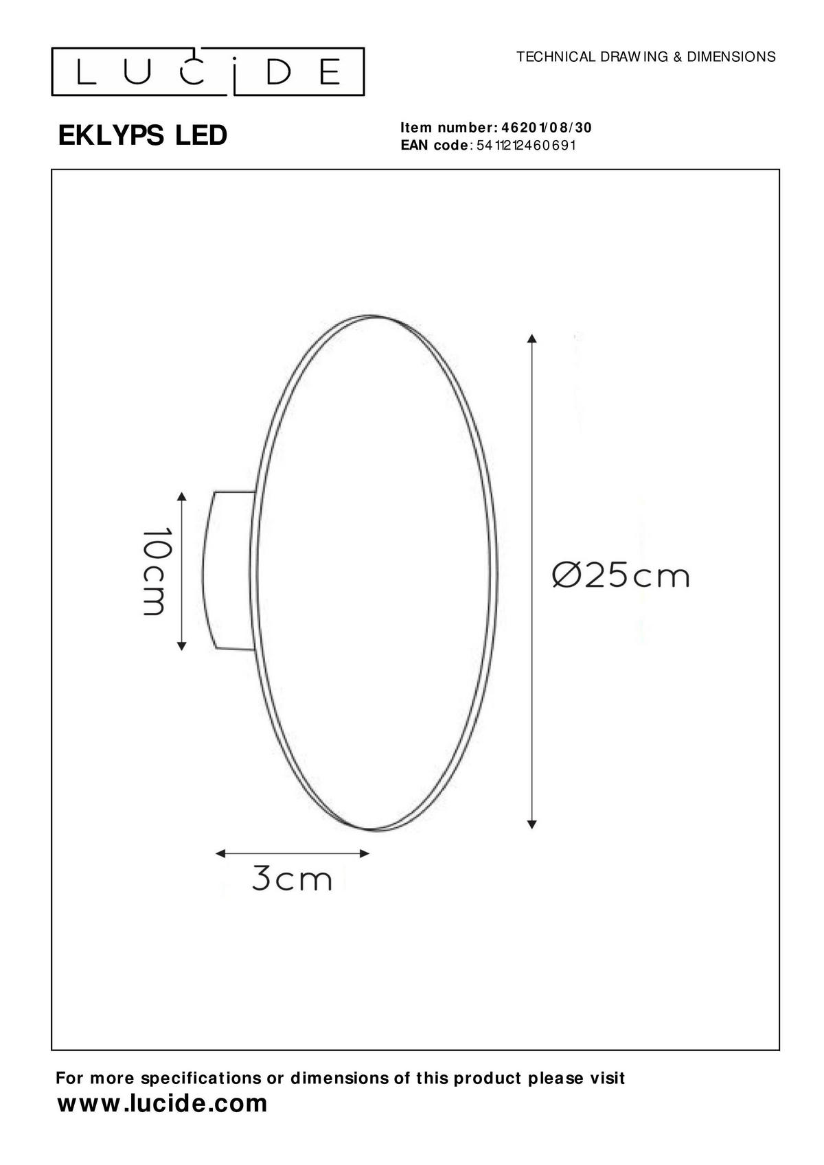 LED-WANDLEUCHTE Eklyps 25/3.5 cm   - Schwarz, Design, Metall (25/3.5cm) - Lucide