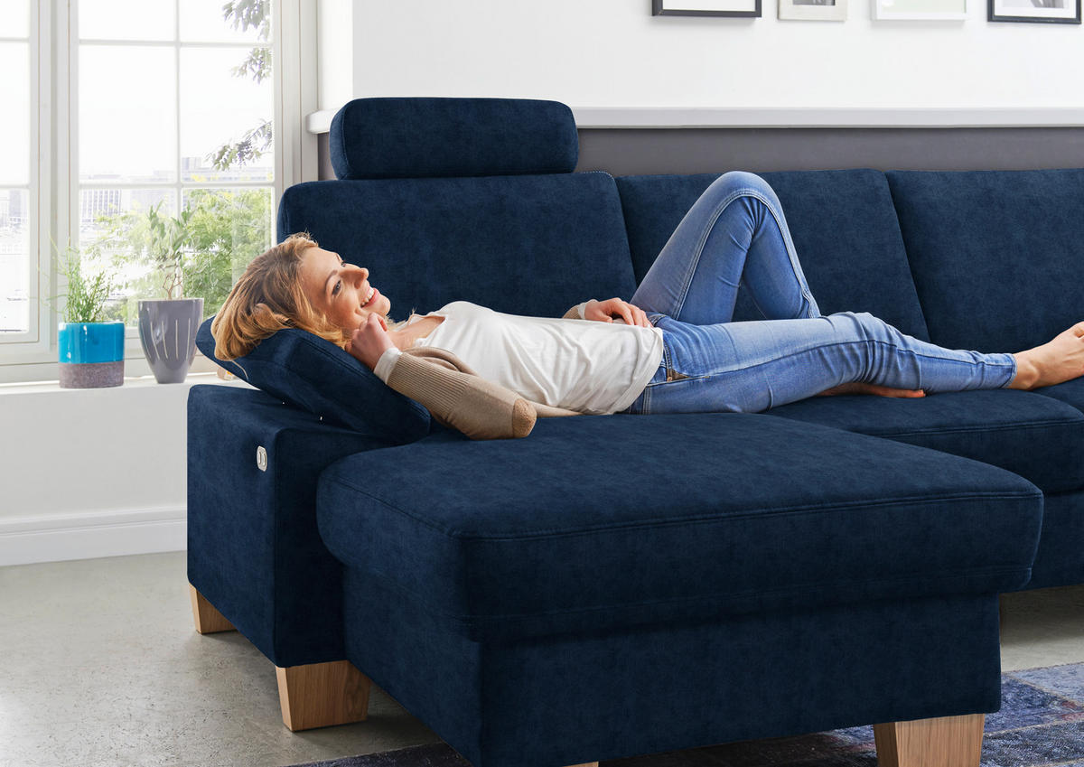 WOHNLANDSCHAFT in Velours Dunkelblau  - Eichefarben/Dunkelblau, Konventionell, Holz/Textil (235/316/167cm) - Beldomo System