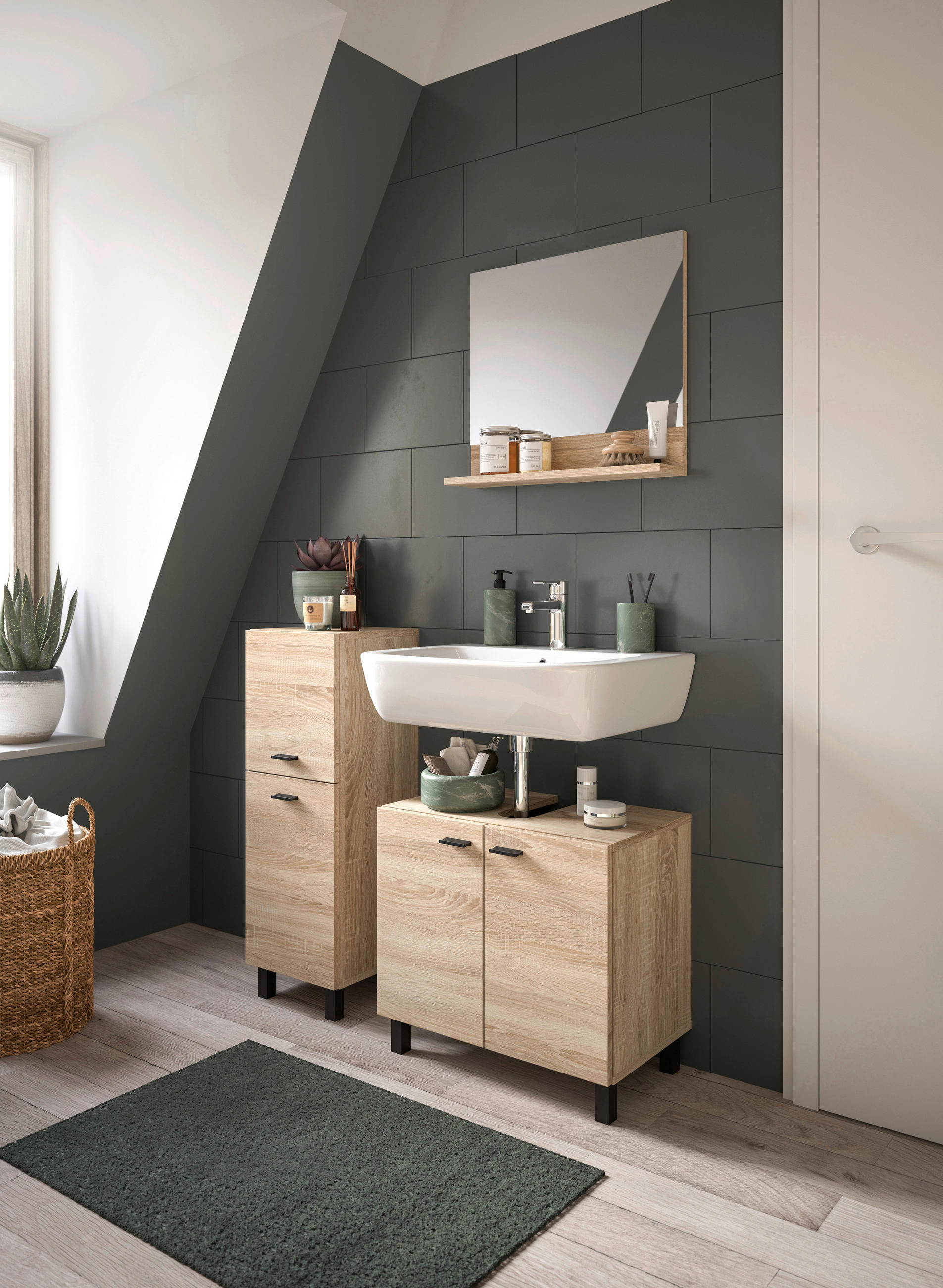 BADEZIMMER 3-teilig  in 87 cm  - Schwarz/Sonoma Eiche, MODERN, Glas/Holzwerkstoff (87cm) - MID.YOU