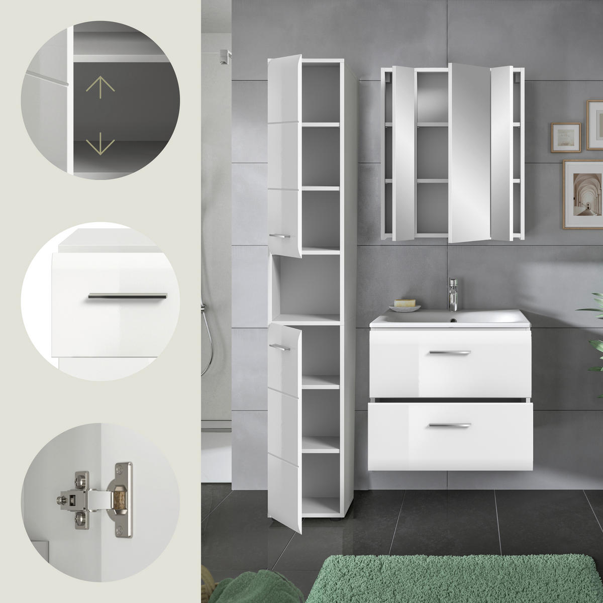 BADEZIMMER 3-teilig  in 90 cm  - Weiß Hochglanz/Silberfarben, MODERN, Keramik/Holzwerkstoff (90cm) - MID.YOU