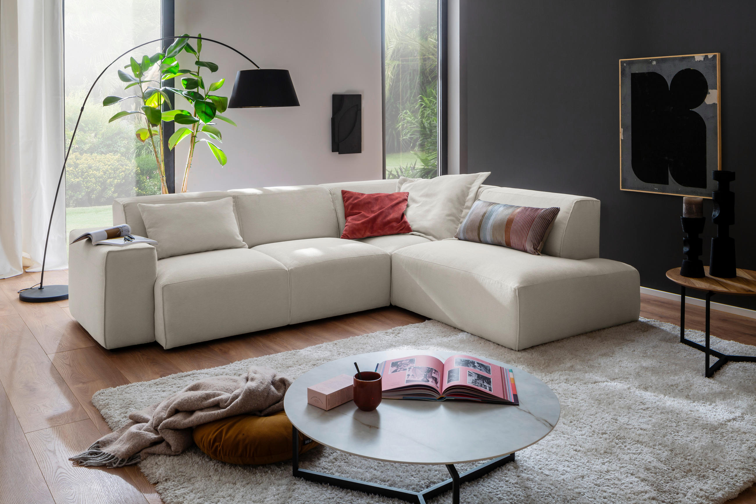 ECKSOFA Hellgrau Cord  - Hellgrau/Schwarz, Design, Kunststoff/Textil (270/210cm) - Pure Home Lifestyle