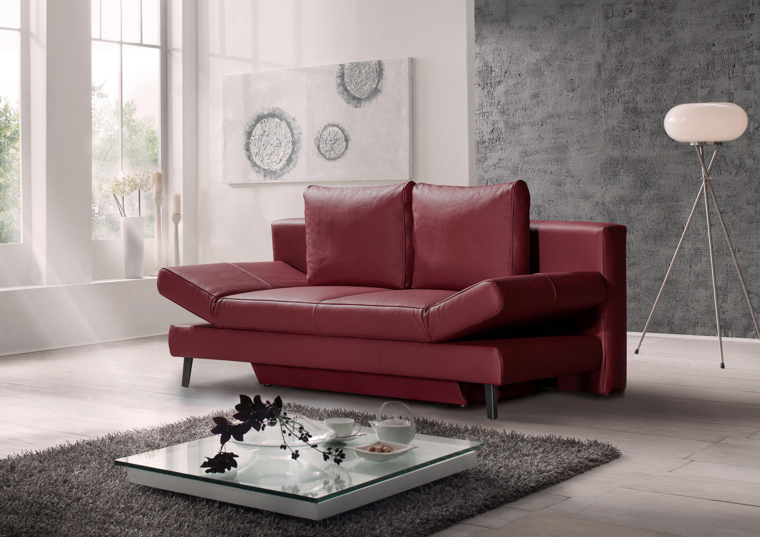 SCHLAFSOFA Weinrot Echtleder  - Weinrot/Schwarz, Design, Leder/Metall (200/85/90cm) - Novel