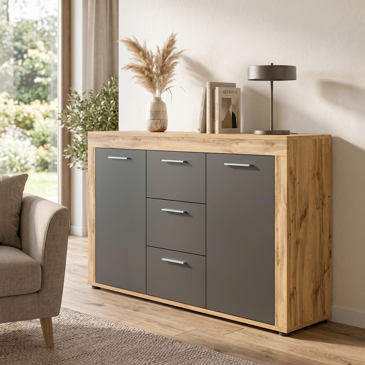 SIDEBOARD Jam 125/80/35 cm 3 Schublade(n)  - Silberfarben/Eiche Wotan, Design, Holzwerkstoff/Kunststoff (125/80/35cm) - MID.YOU