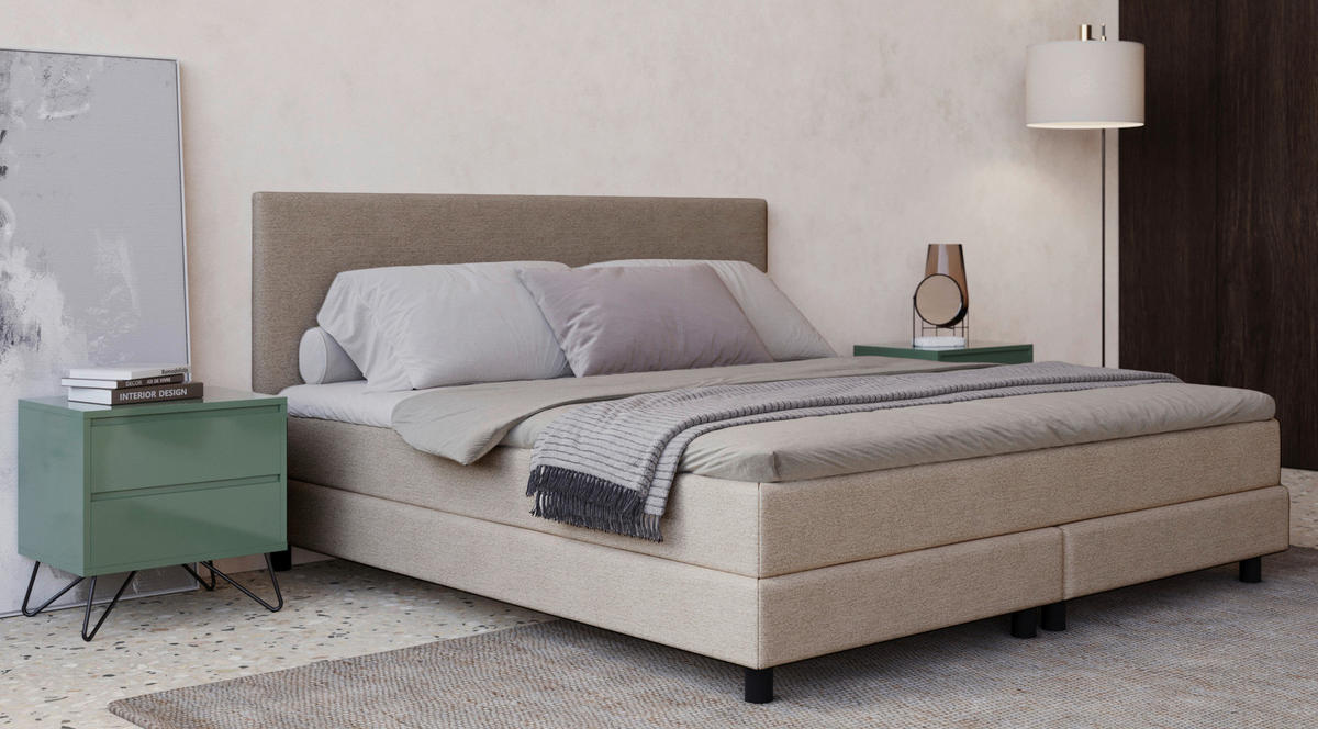 BOXBETT 160/200 cm,  in Beige, Matratze, Topper, H3 = fest  - Beige/Schwarz, MODERN, Holzwerkstoff/Textil (160/200cm) - MID.YOU
