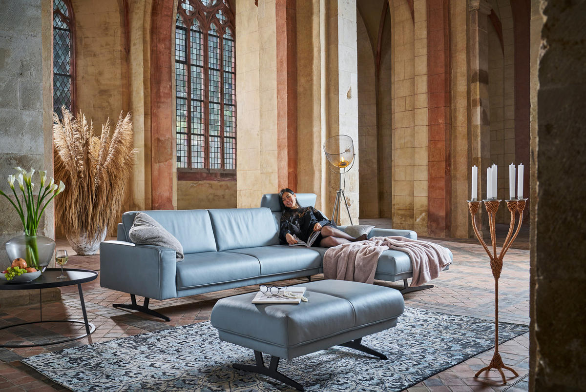 ECKSOFA in Echtleder Hellblau  - Anthrazit/Hellblau, Konventionell, Leder/Metall (324/179cm) - Johann Jakob