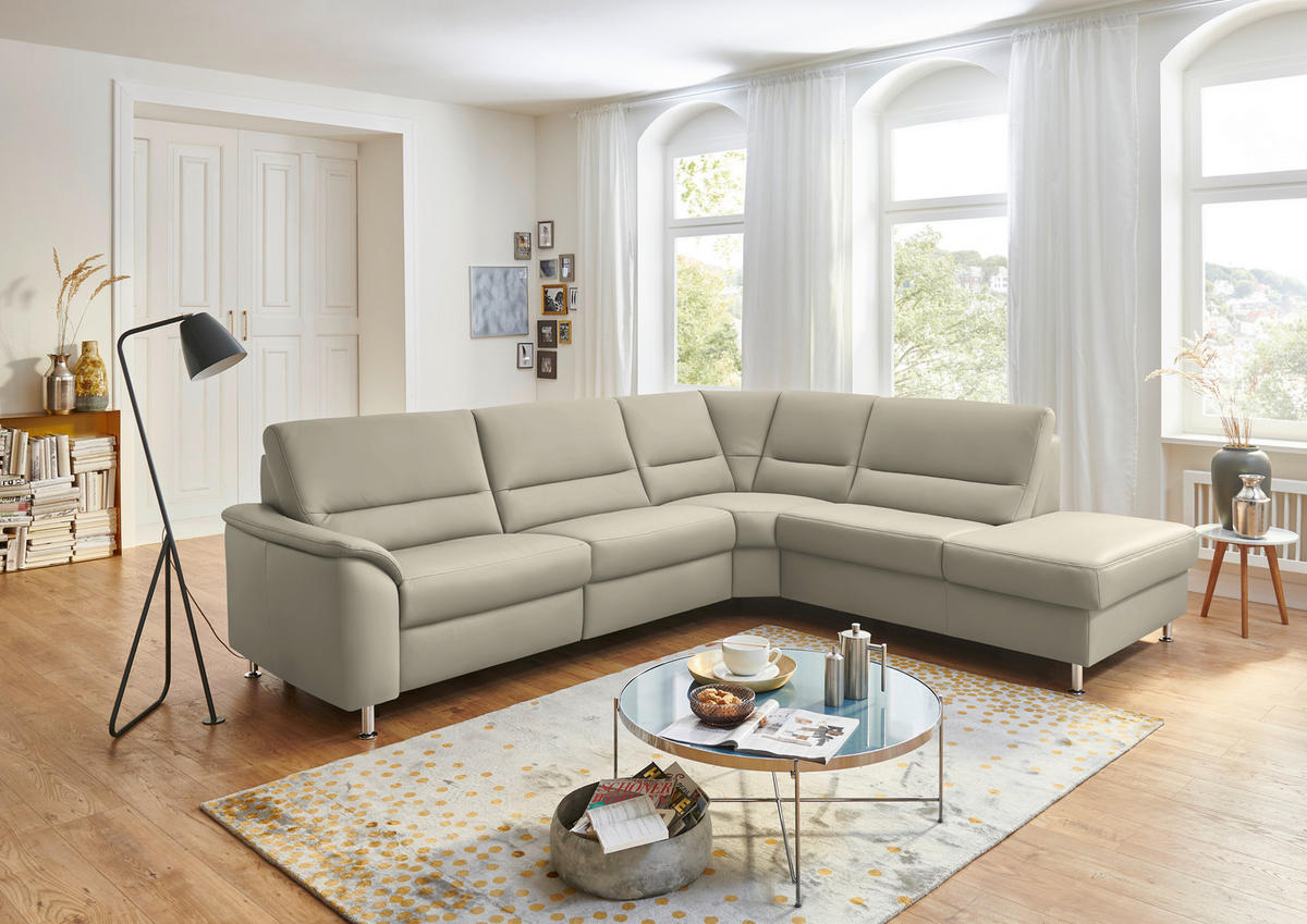 ECKSOFA in Echtleder Ecru  - Ecru/Alufarben, Konventionell, Leder/Metall (290/249cm) - Beldomo Premium