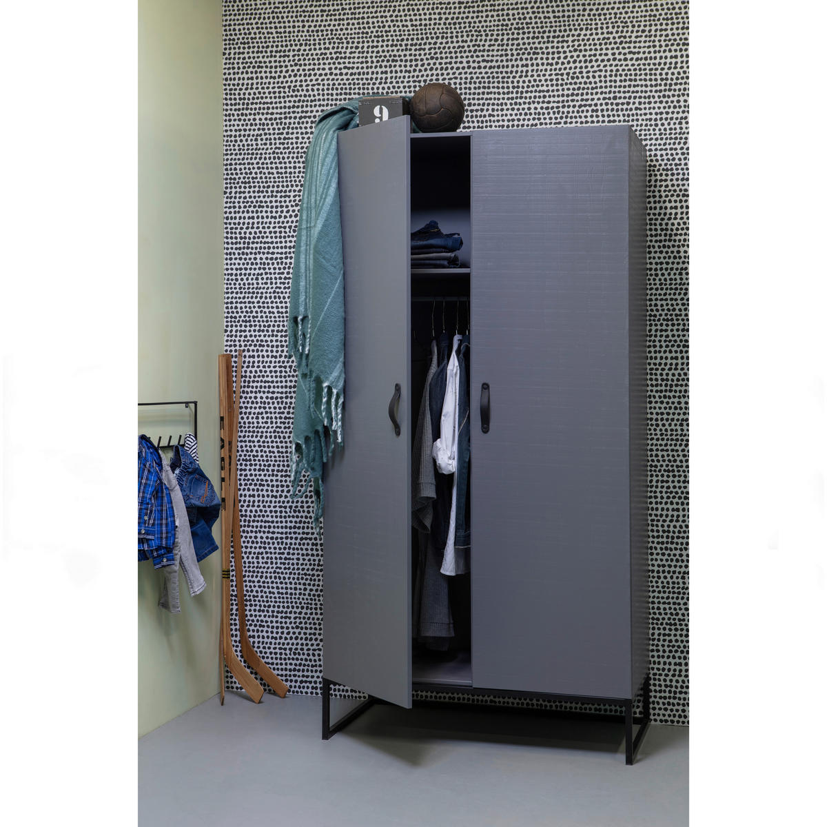 DREHTÜRENSCHRANK 100/195/53 cm 2-türig Grau  - Schwarz/Grau, Design, Leder/Holz (100/195/53cm) - Livetastic