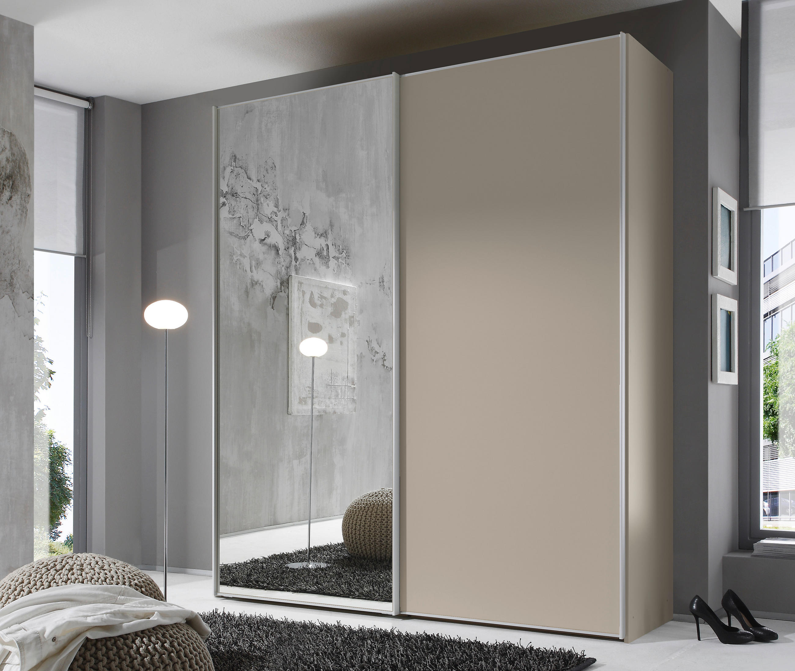 SCHWEBETÜRENSCHRANK in Sandfarben  - Sandfarben/Alufarben, Design, Glas/Holzwerkstoff (188/222/68cm) - Moderano