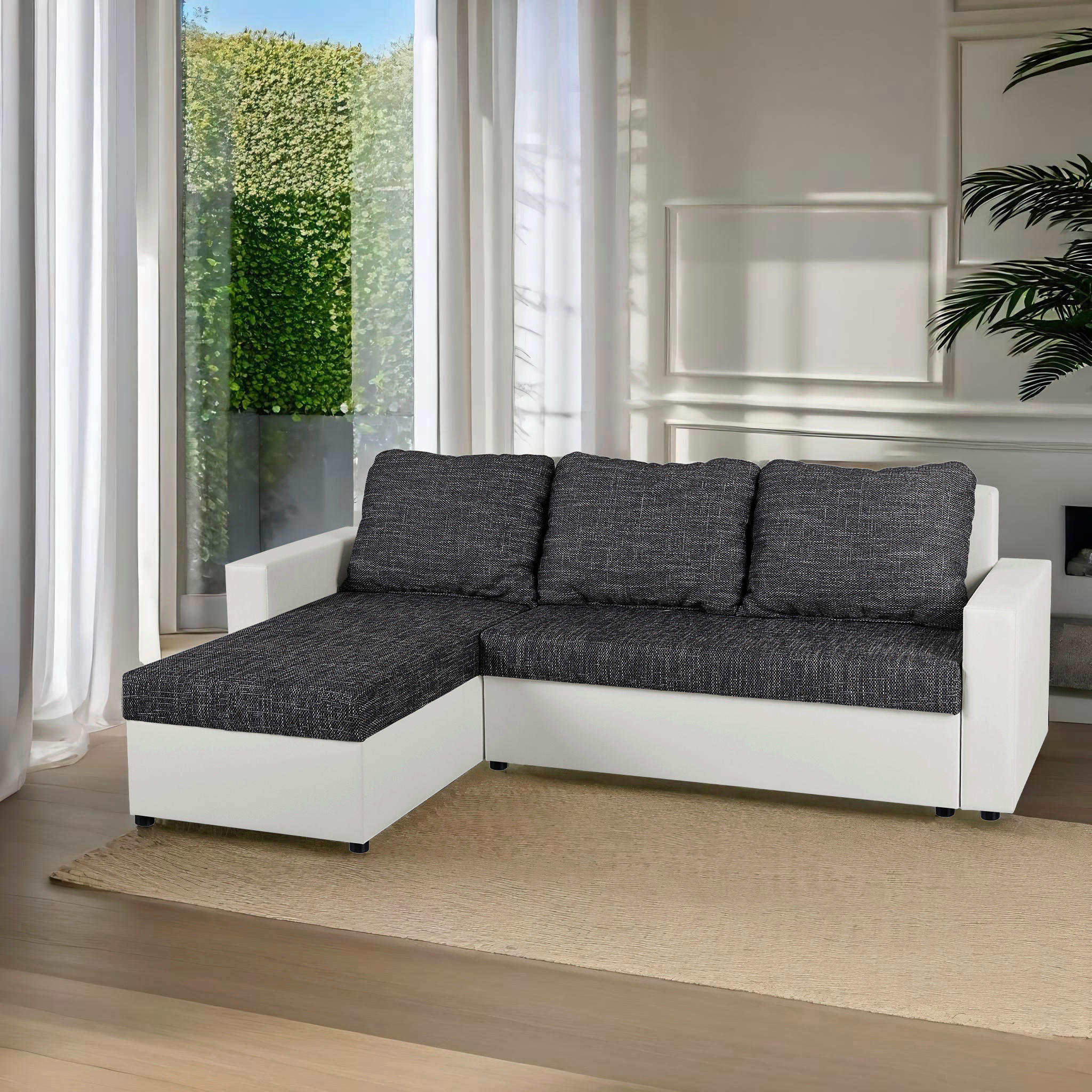 E-shop P & B ROHOVÁ SEDAČKA, textil, kompozitné drevo, čierna, biela