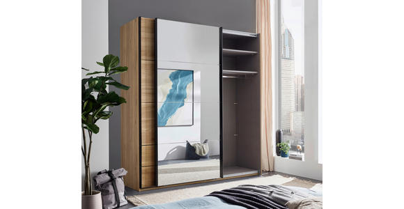 SCHWEBETÜRENSCHRANK 215/225,5/60,5 cm 2-türig Eichefarben  - Eichefarben/Schwarz, MODERN, Glas/Holzwerkstoff (215/225,5/60,5cm) - Xora