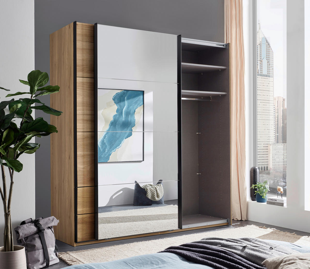 SCHWEBETÜRENSCHRANK Eichefarben  - Eichefarben/Schwarz, Modern, Glas/Holzwerkstoff (215/225,5/60,5cm) - Xora