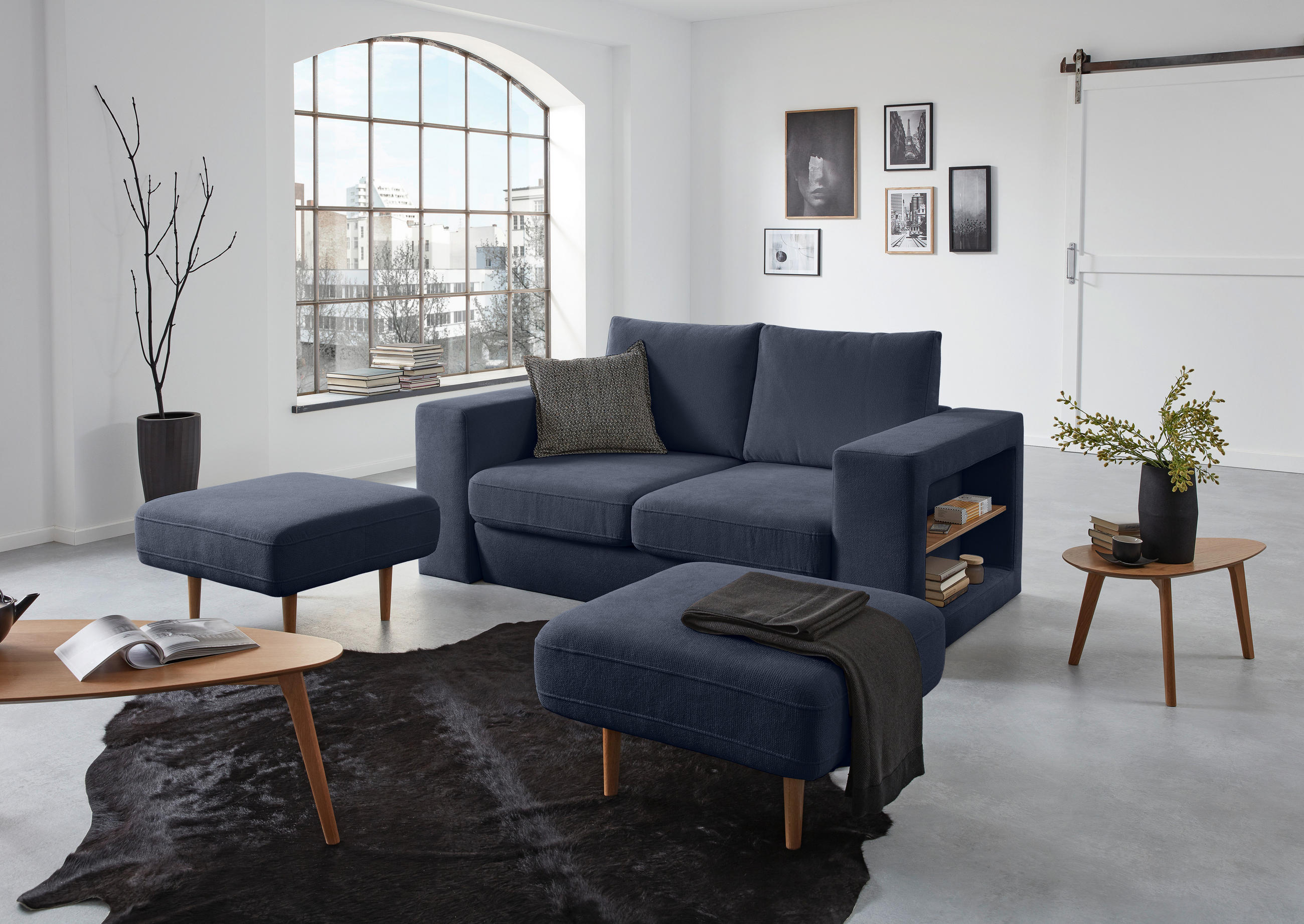 ZWEISITZER-SOFA inkl. Hocker in Webstoff Dunkelblau  - Eichefarben/Dunkelblau, Design, Holz/Textil (172/96/107cm) - LOOKS by W.Joop