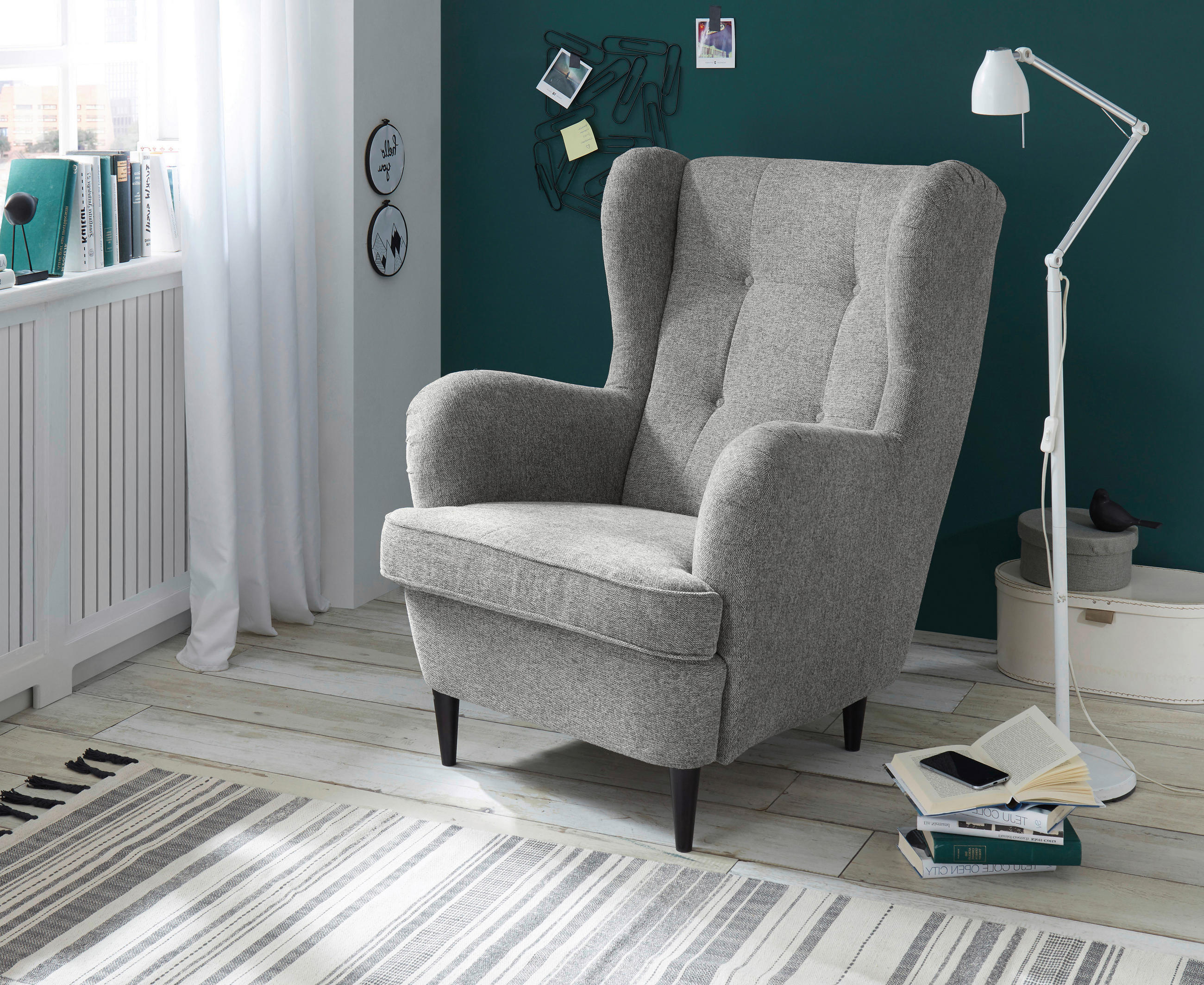 KŘESLO UŠÁK, textil, kompozitní dřevo, barvy stříbra - černá/barvy stříbra, Basics, kompozitní dřevo/textil (78/102/98cm) - MID.YOU