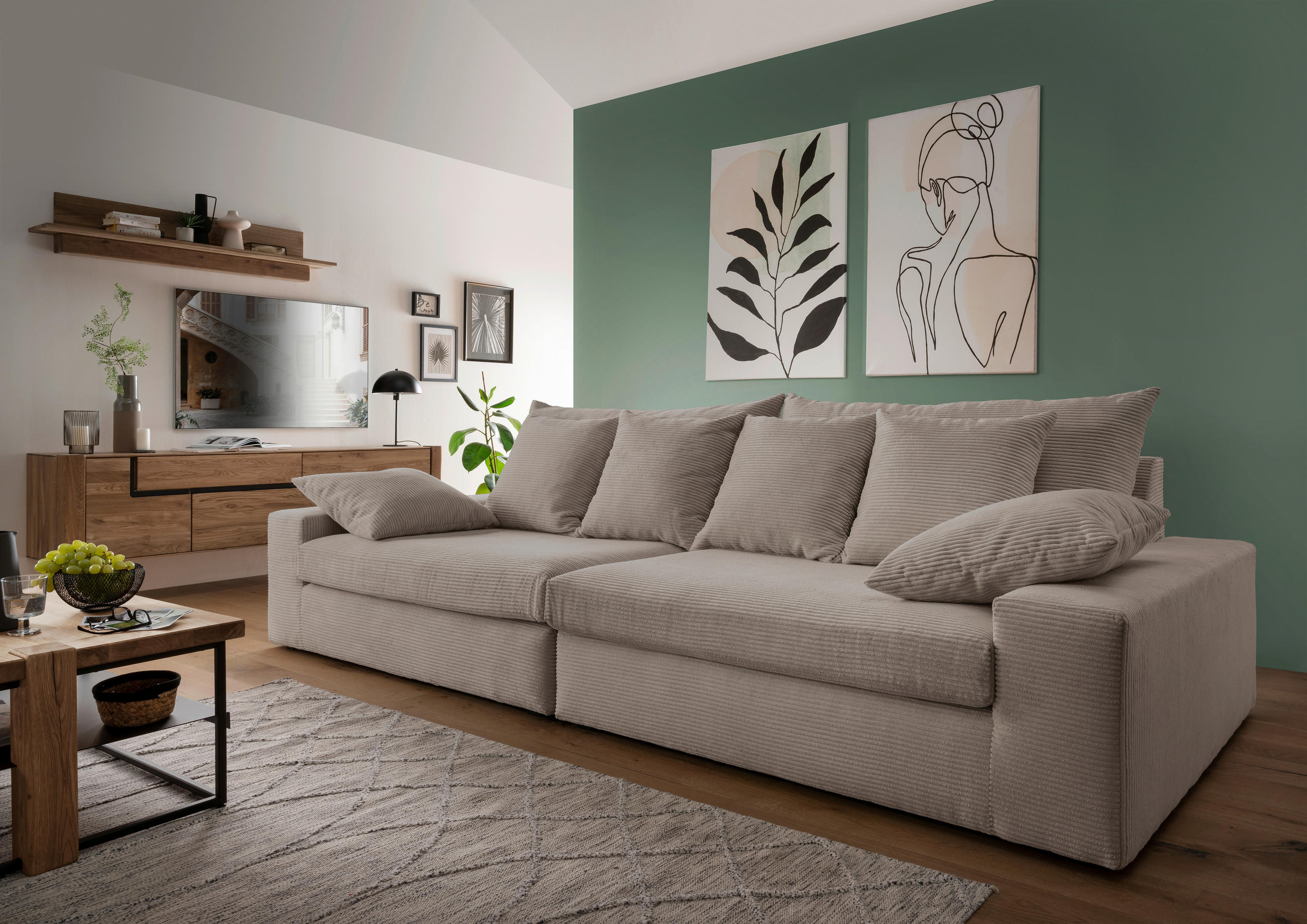 VIERSITZER-SOFA in Cord Graubraun  - Graubraun/Schwarz, MODERN, Kunststoff/Textil (308/80/140cm) - Livetastic
