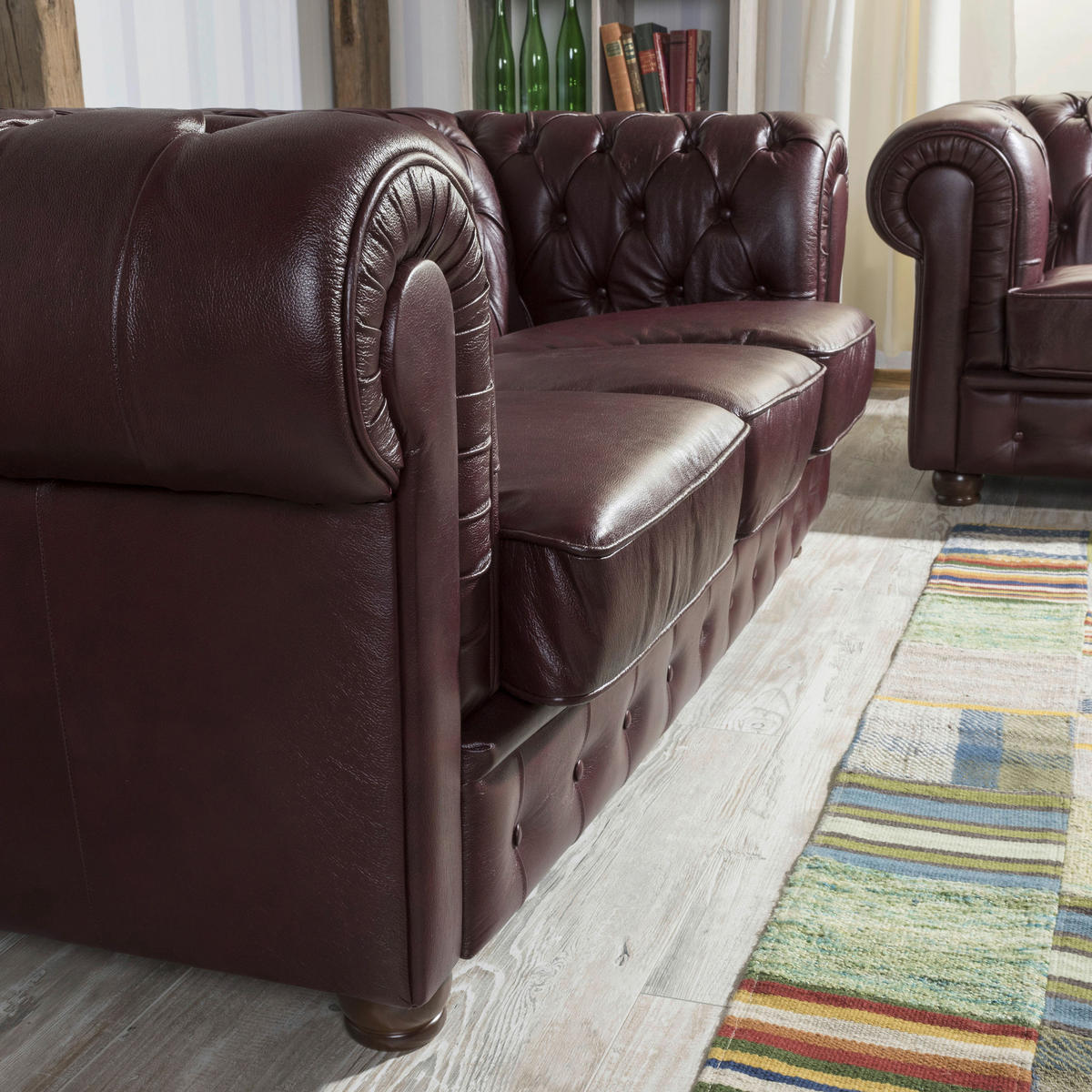CHESTERFIELD-SITZGARNITUR in Echtleder Rot  - Rot/Nussbaumfarben, Design, Leder/Holz - Max Winzer