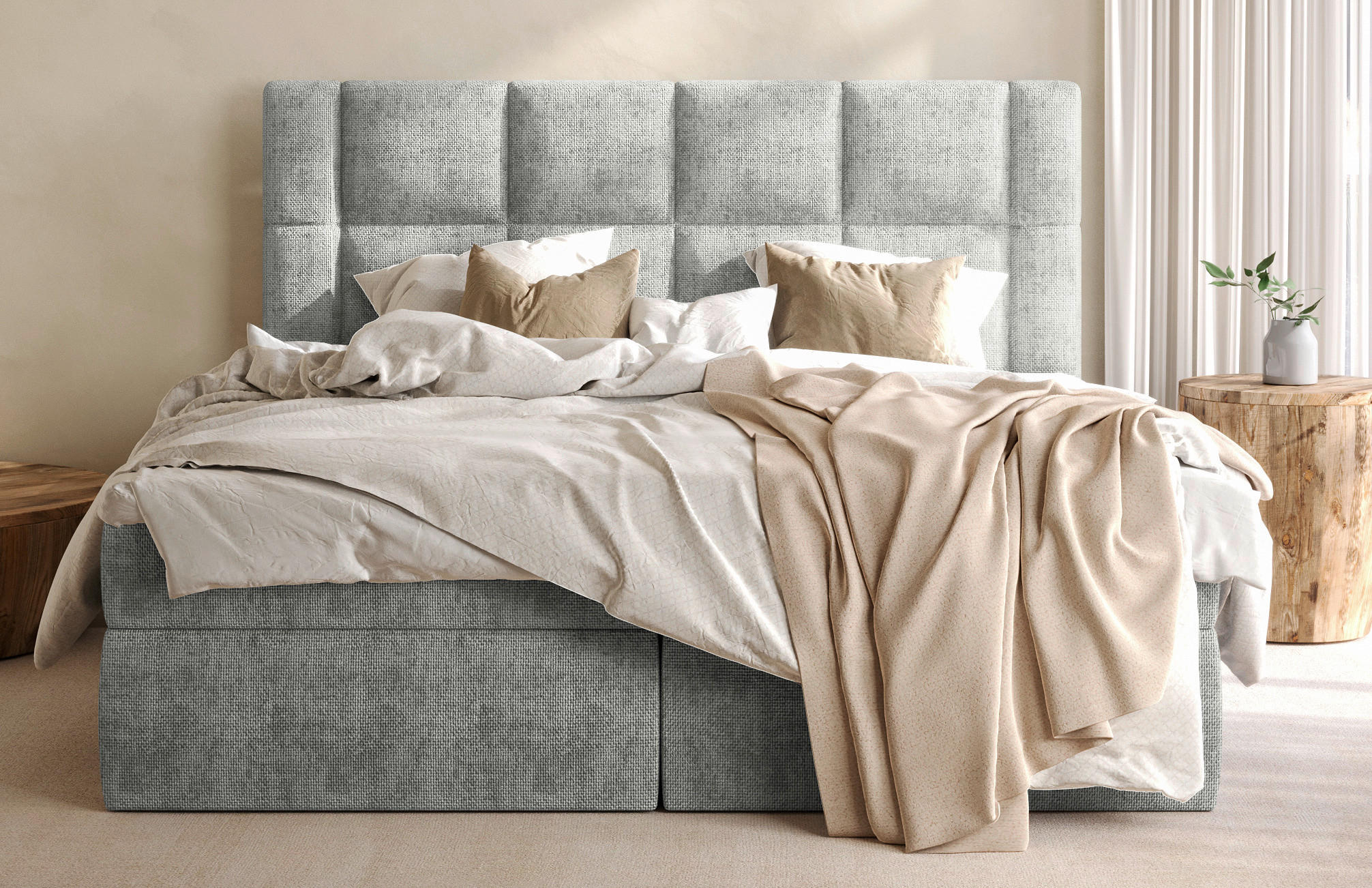 BOXBETT 180/200 cm,  in Hellgrau, gepolstertes Kopfteil, Bettkasten, Topper, Matratzen, H3 = fest  - Hellgrau/Schwarz, MODERN, Holz/Holzwerkstoff (180/200cm) - Boxxx