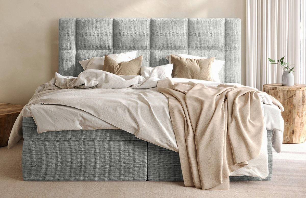 BOXBETT 180/200 cm,  in Hellgrau, gepolstertes Kopfteil, Bettkasten, Topper, Matratzen, H3 = fest  - Hellgrau/Schwarz, MODERN, Holz/Holzwerkstoff (180/200cm) - Boxxx